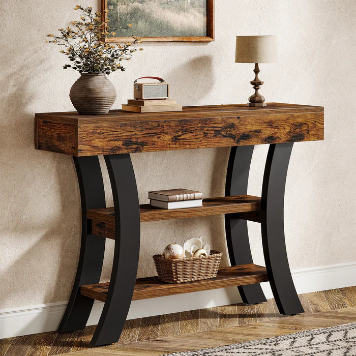 105 cm Landelijke Consoletafel, Drieplanken Salontafel met Gebogen Frame voor Hal