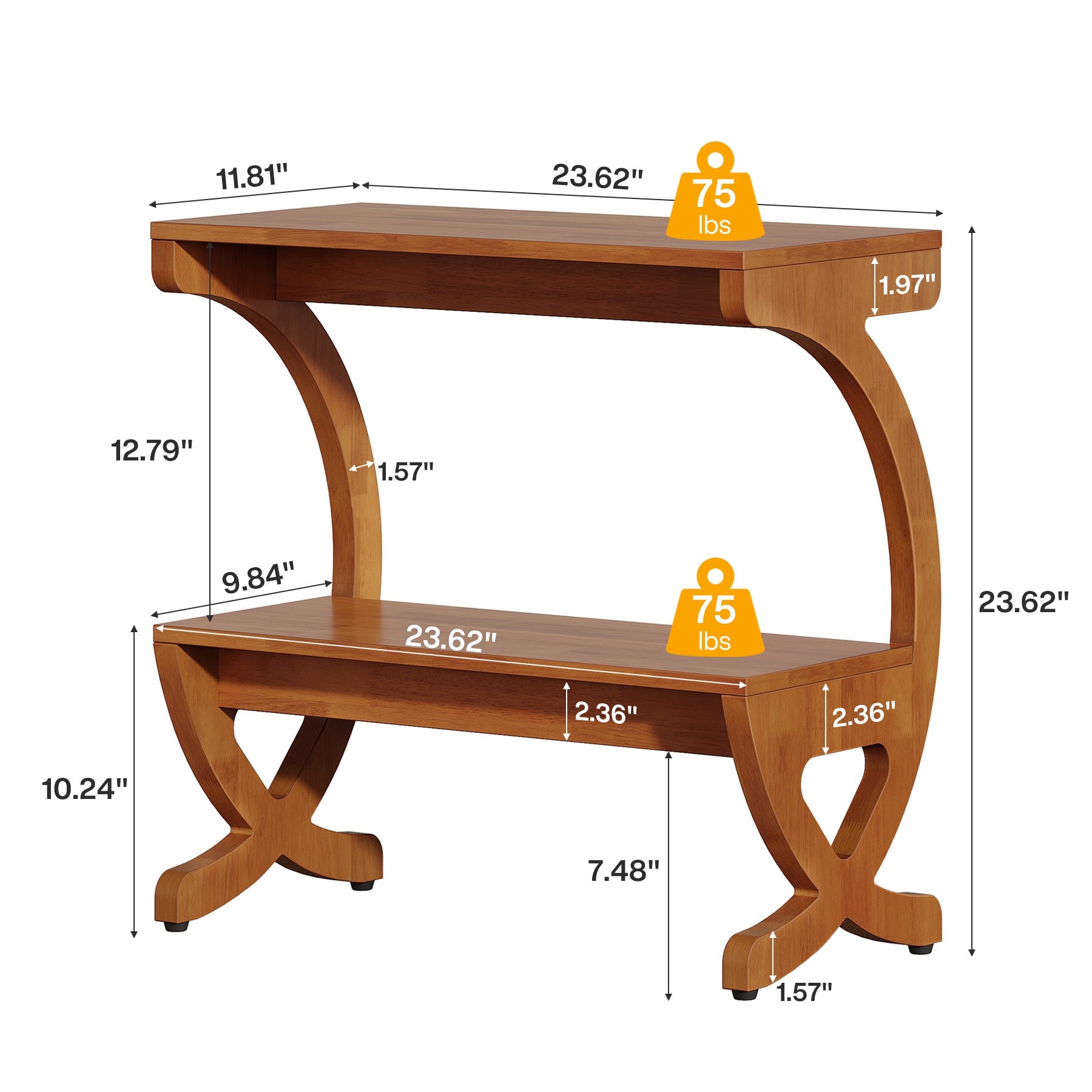 Tribesigns bijzettafel van massief hout met legplank, smal 2-laags nachtkastje in mid-eeuws design