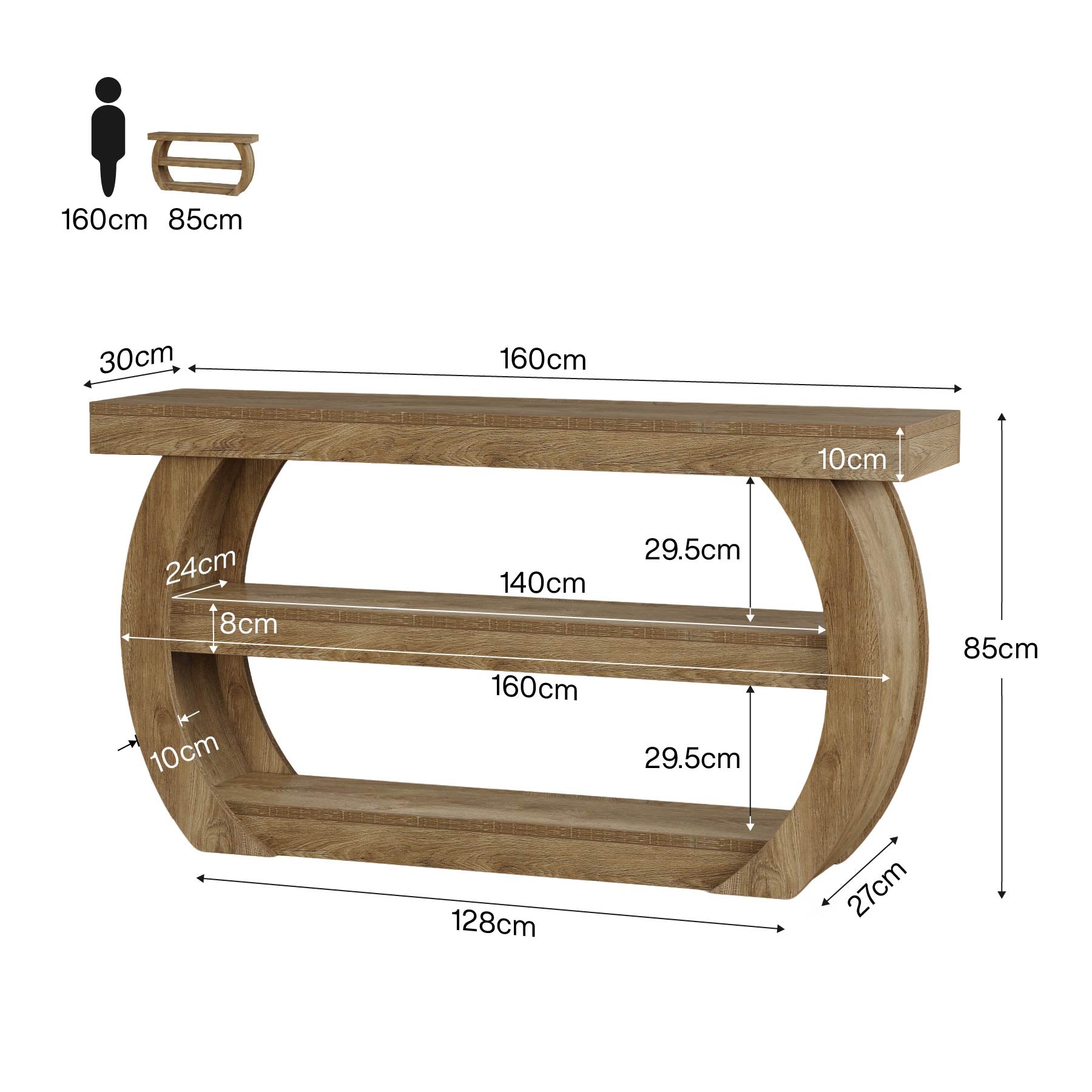 160 cm Landelijke Consoletafel met 3 Niveaus Opbergrekken, Houten Entreetafel voor Hal Woonkamer Achter Bank
