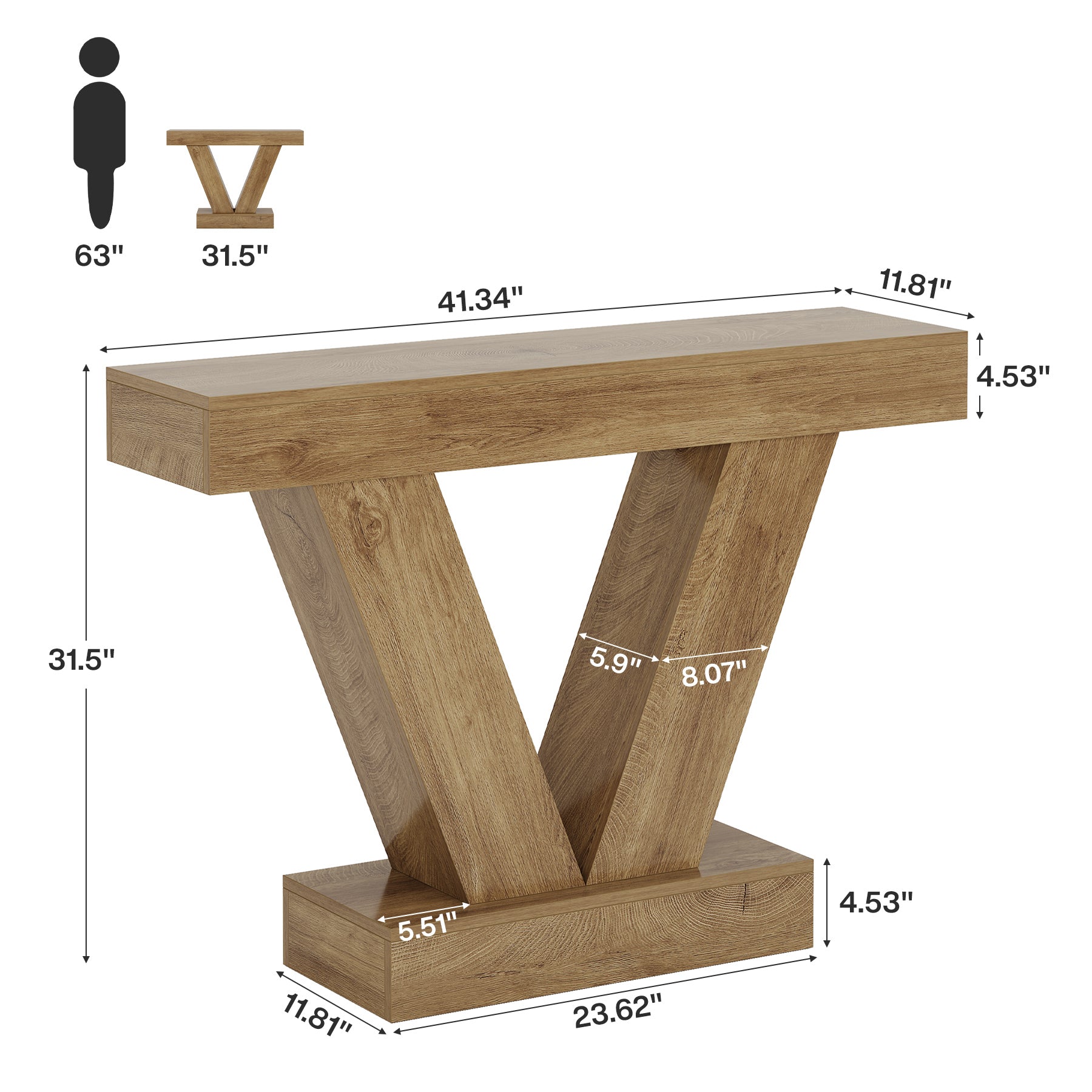 105 cm Consoletafel met V-vormige Poten, Smalle Haltafel voor Woonkamer en Entree in Bruin