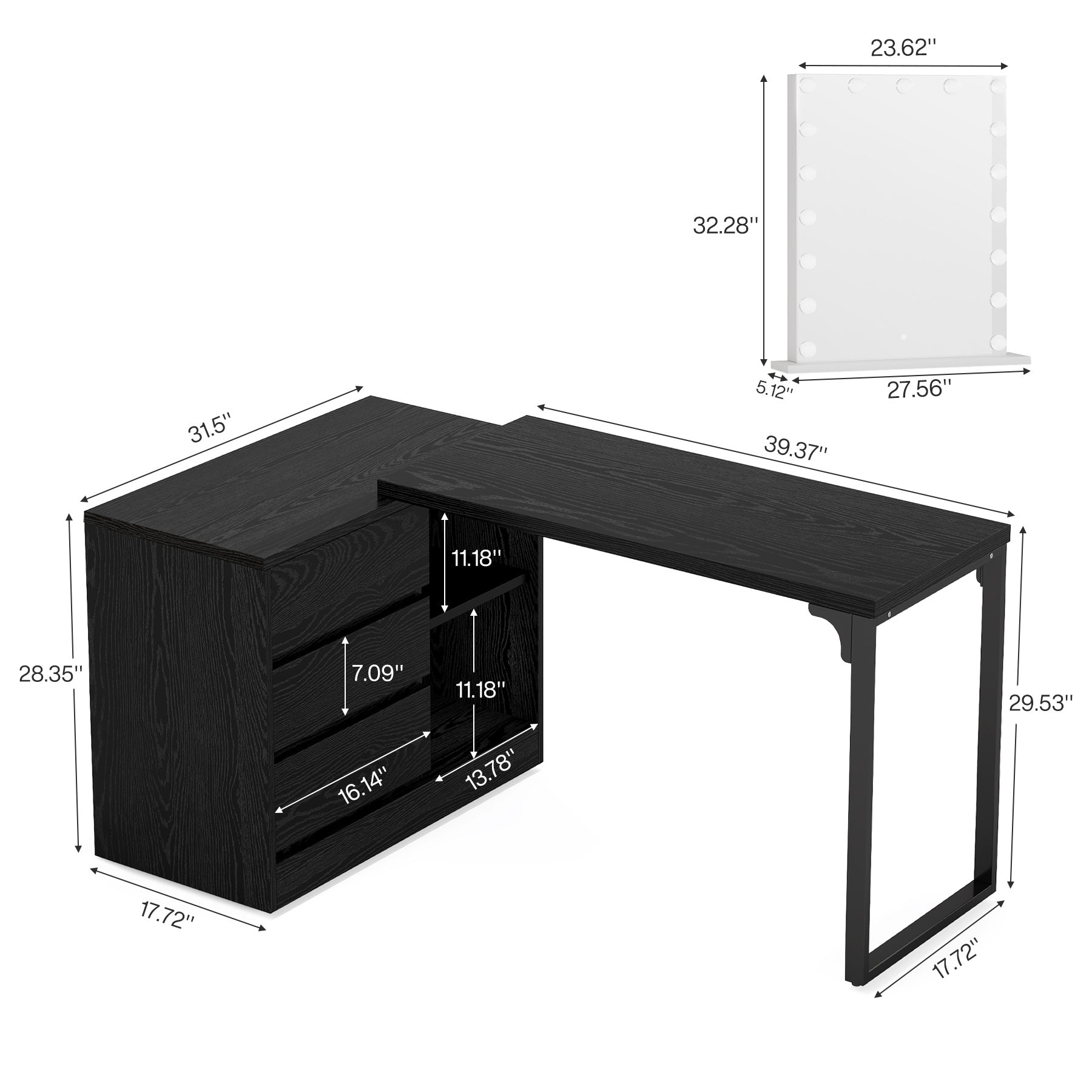 100 cm Kaptafel met 3 Laden en 2 Planken, Hoek Schminktafel met Opbergkast Zonder Spiegel