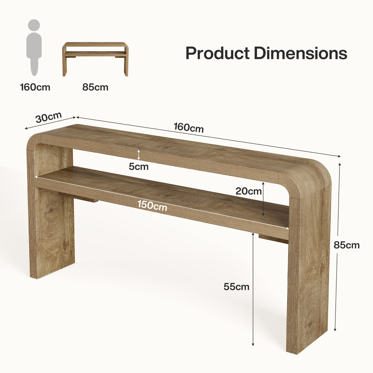 160 cm smalle consoletafel met 2-laags open opbergrek en landelijke houtlook, haltafel voor woonkamer en entree