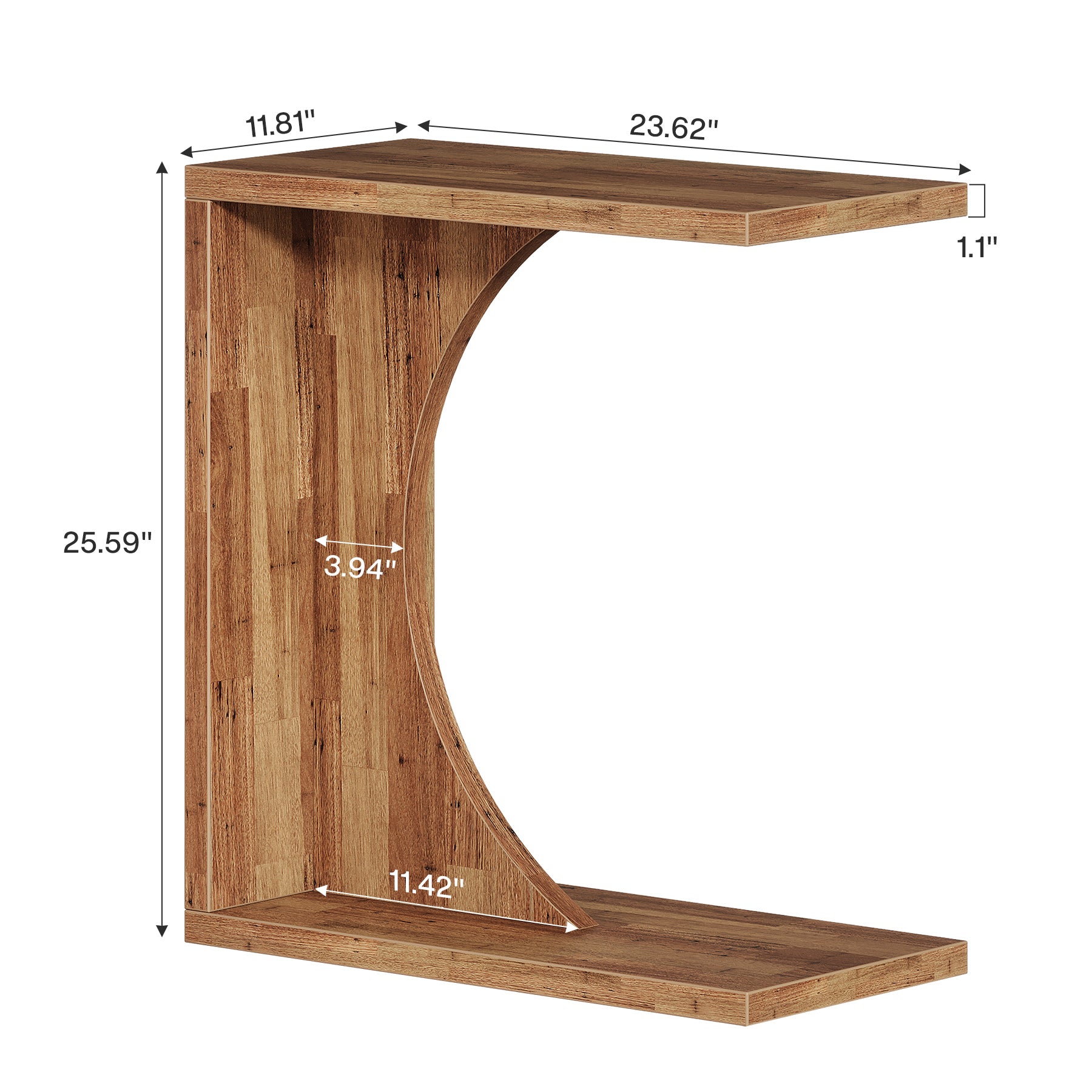 C-vormige Bijzettafel van Hout, Smalle Rustieke Tafel met Dienblad voor Woonkamer