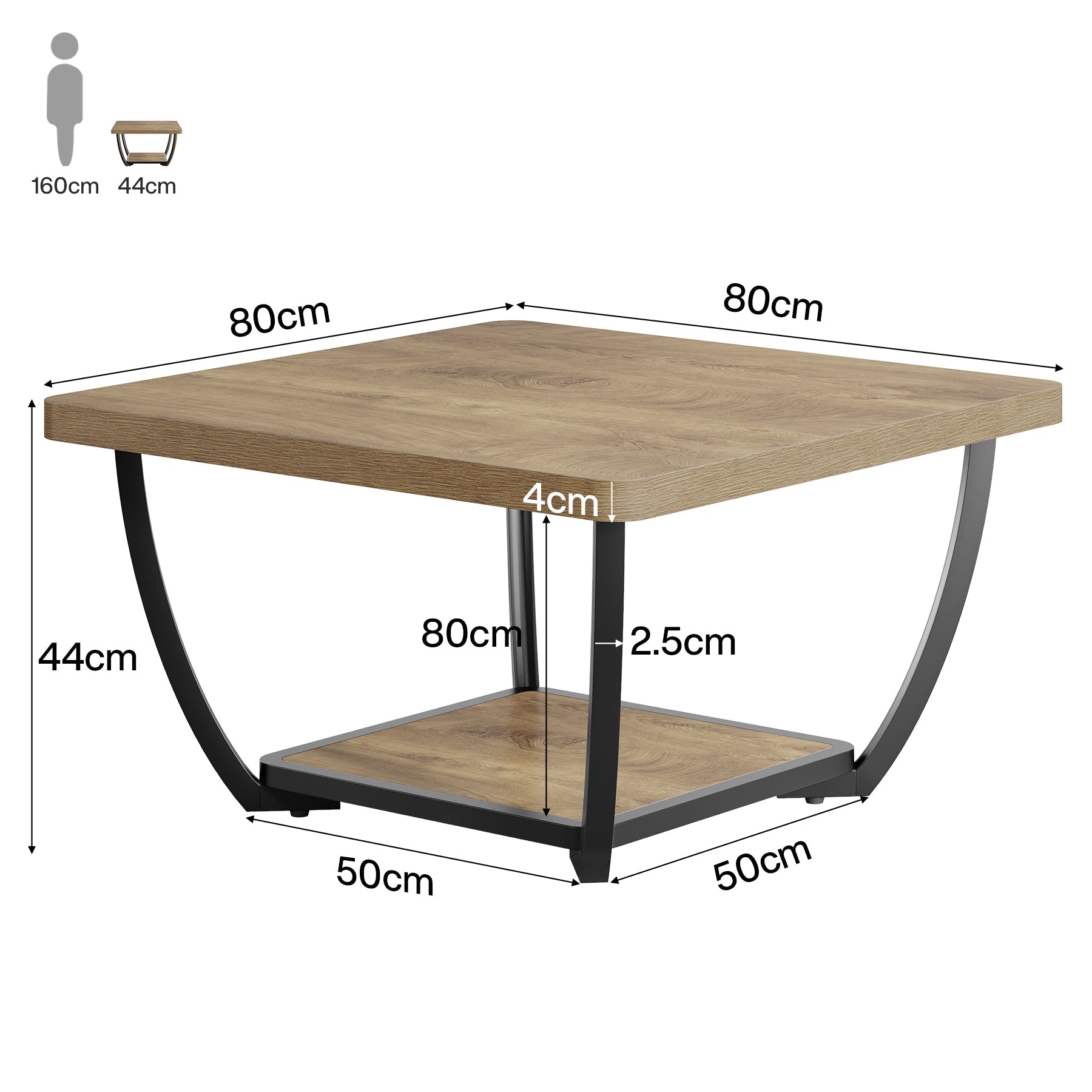 Tribesigns vierkante salontafel 80 cm met opbergplank, tweelaagse woonkamertafel met metalen frame