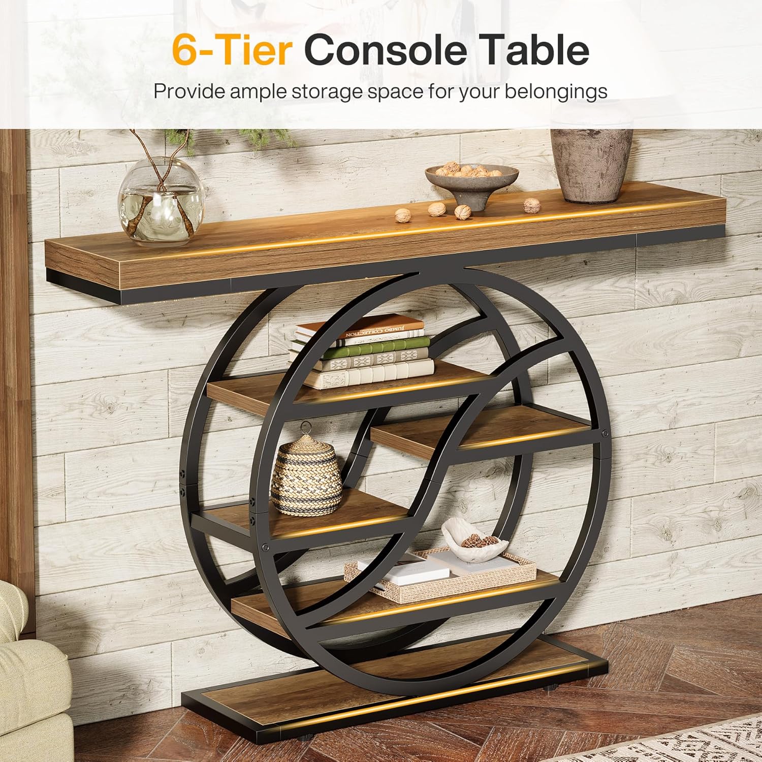 Consoletafel van 120 cm met Industrieel 5-Laags Ontwerp, Smalle Houten Accenttafel met Opbergrekken voor Woonkamer en Hal