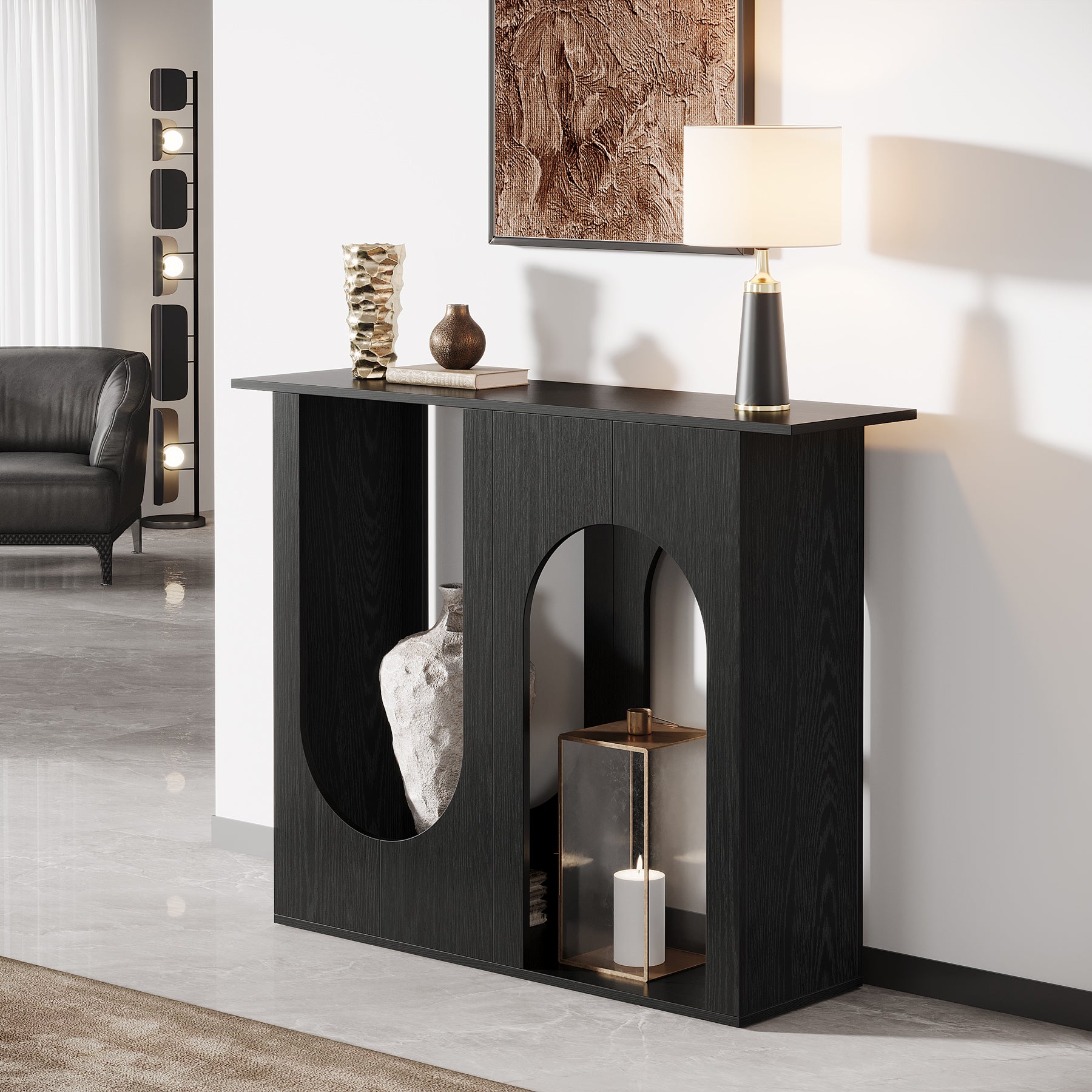 100 cm Zwarte Banktafel, Smalle Consoletafel met Gebogen Design voor Entree en Woonkamer