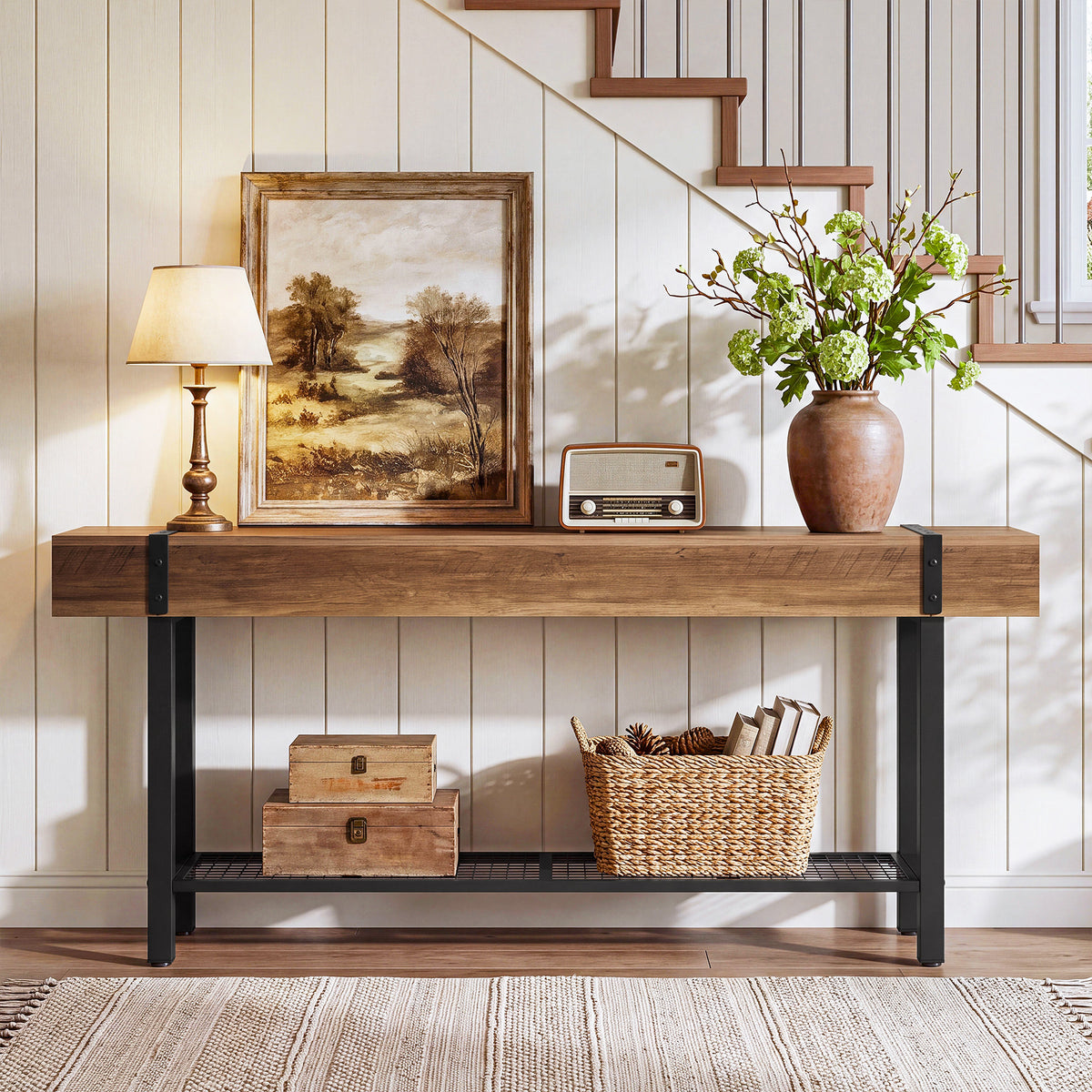 160 cm Tribesigns industriële consoletafel met 2 niveaus, smalle banktafel voor hal en achter de bank