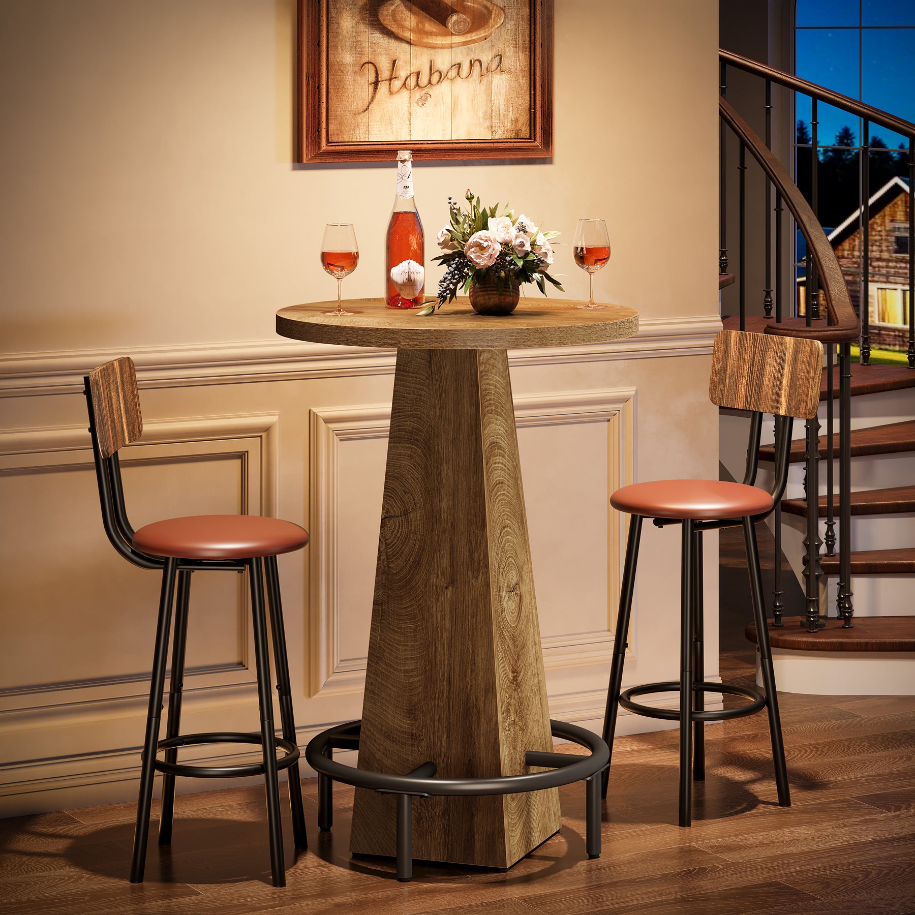 95 cm Ronde Bartafel met Metalen Voetring, Houten Bistro Statafel