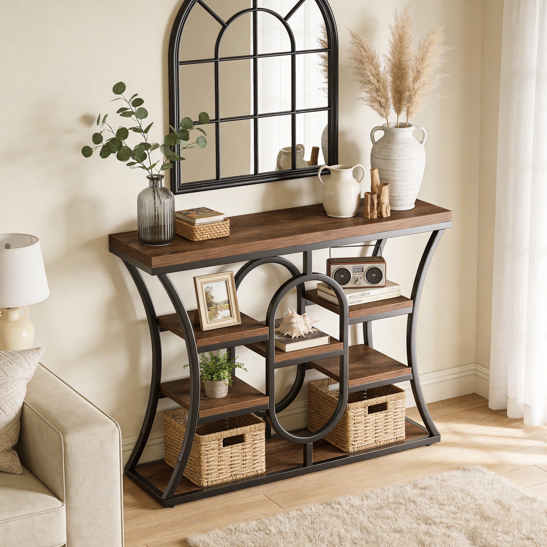 105 cm Smalle Consoletafel met Opbergrekken, Industriële Entreetafel voor Hal Woonkamer Achter Bank