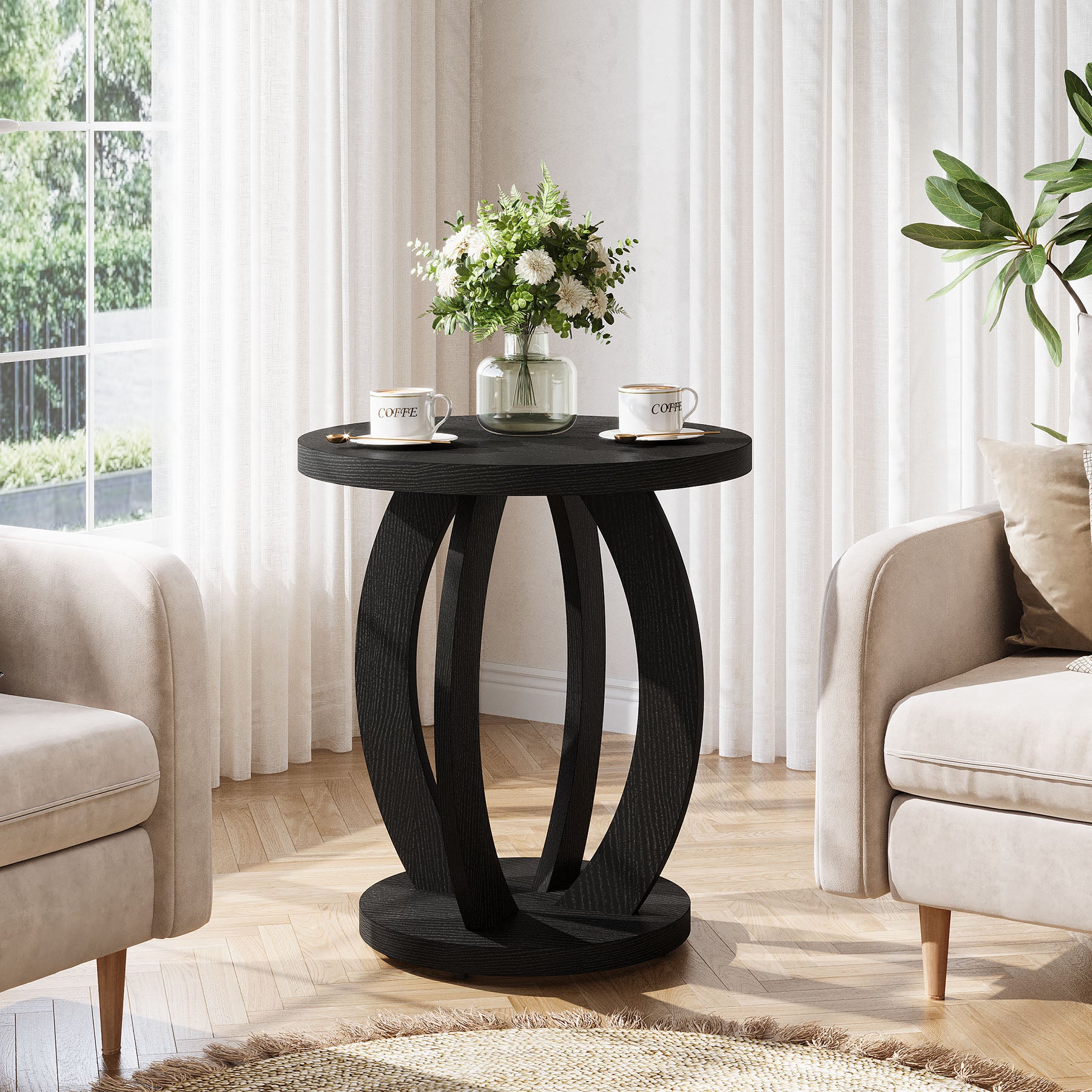 60 cm Compacte ronde bijzettafel met opbergruimte, landelijk tafeltje voor kleine ruimtes