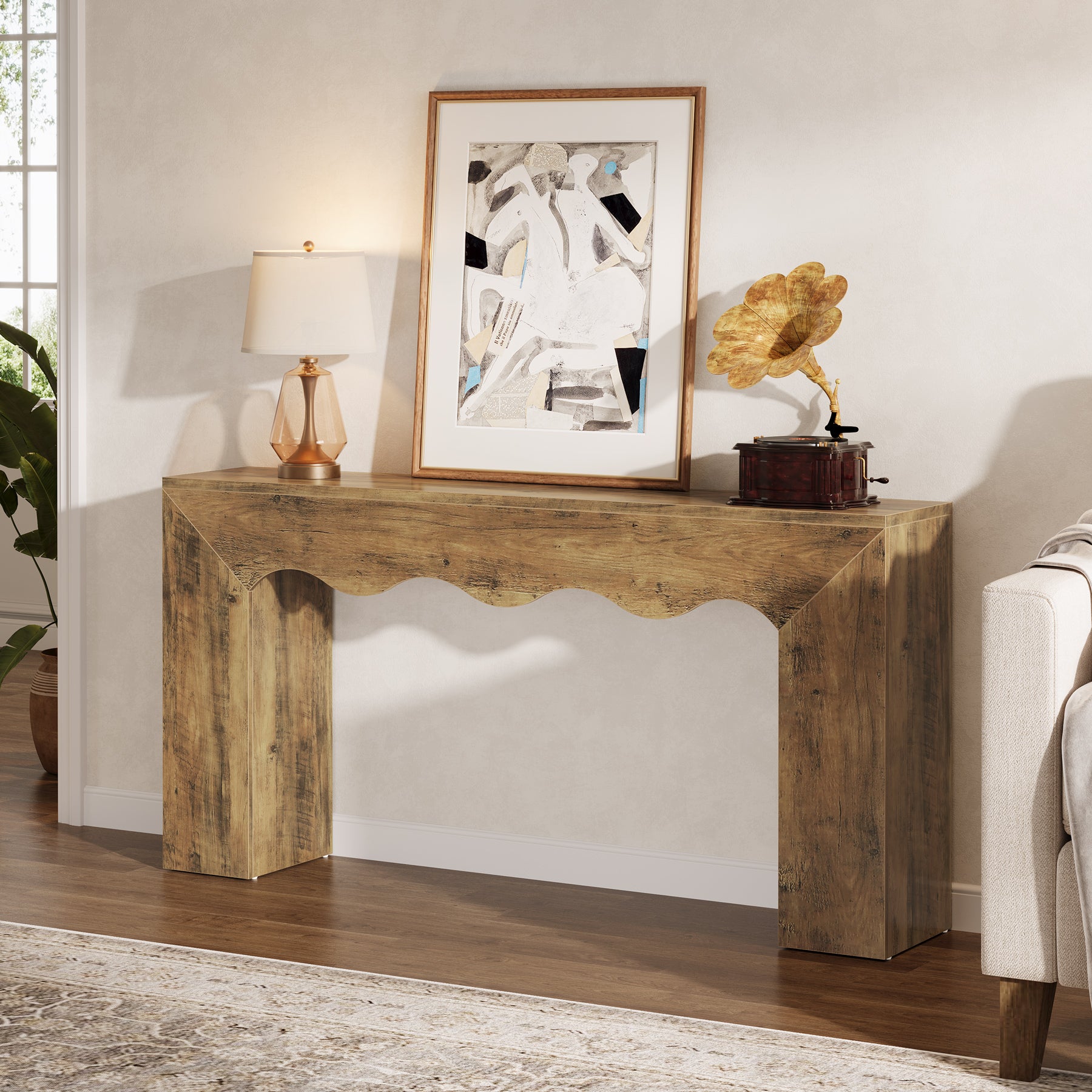 160 cm Consoletafel met Golvende Rand, Landelijke Smalle Haltafel met Opbergruimte voor Woonkamer Entree