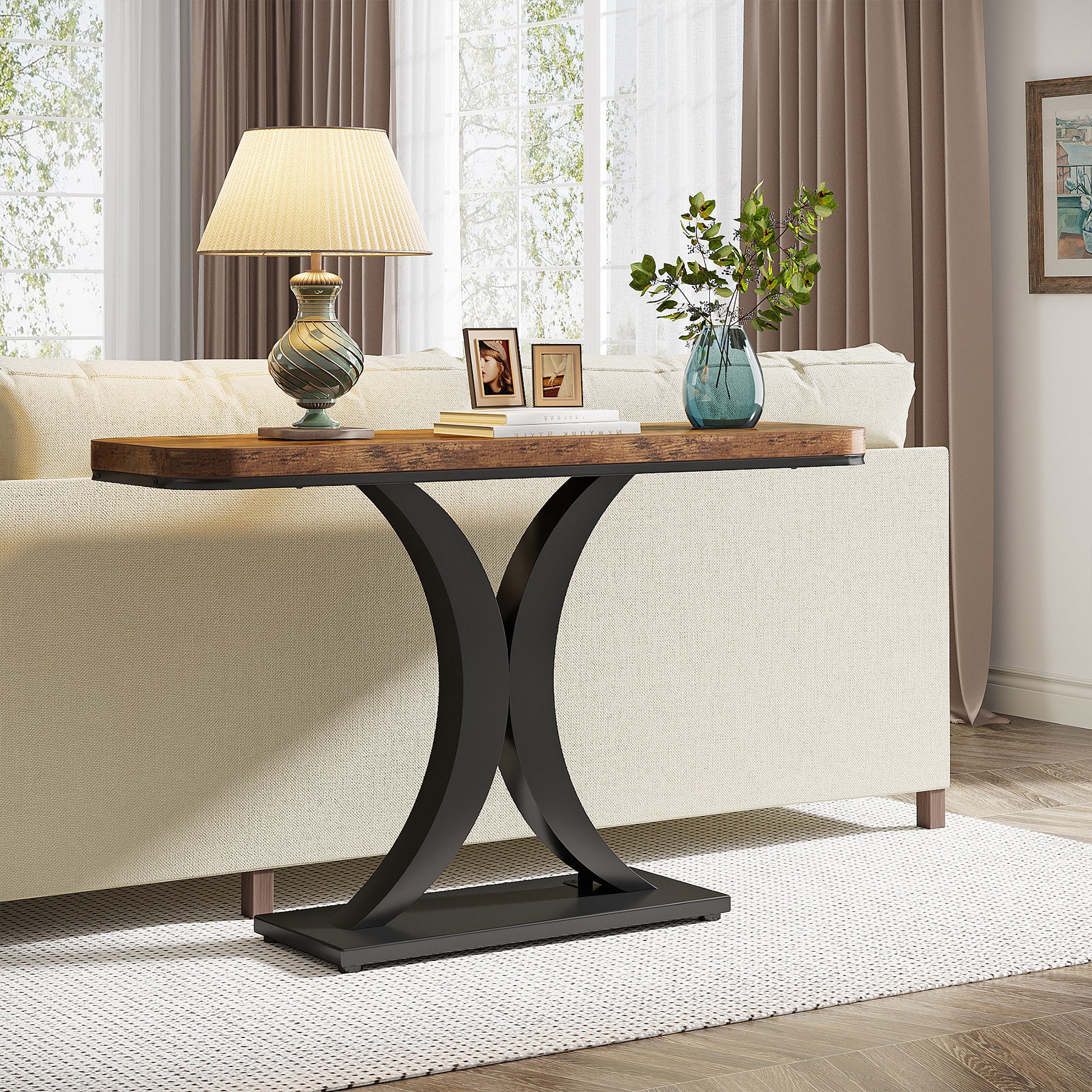 100 cm Industriële Consoletafel, Smalle Haltafel met Geometrische Basis voor Entree