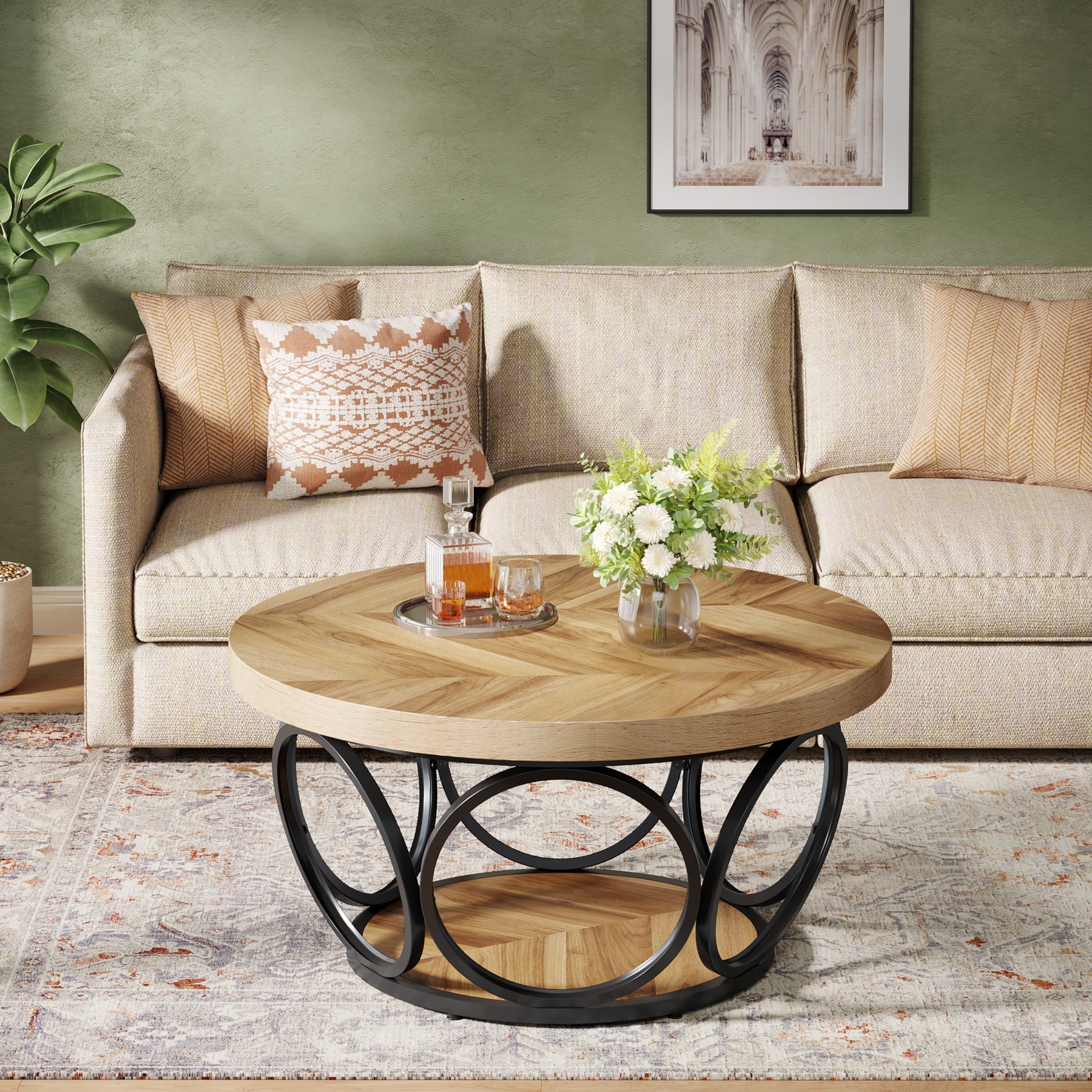 80 cm Ronde Salontafel, Landelijke Tafels met Dubbele Opbergplanken in Houtstructuur