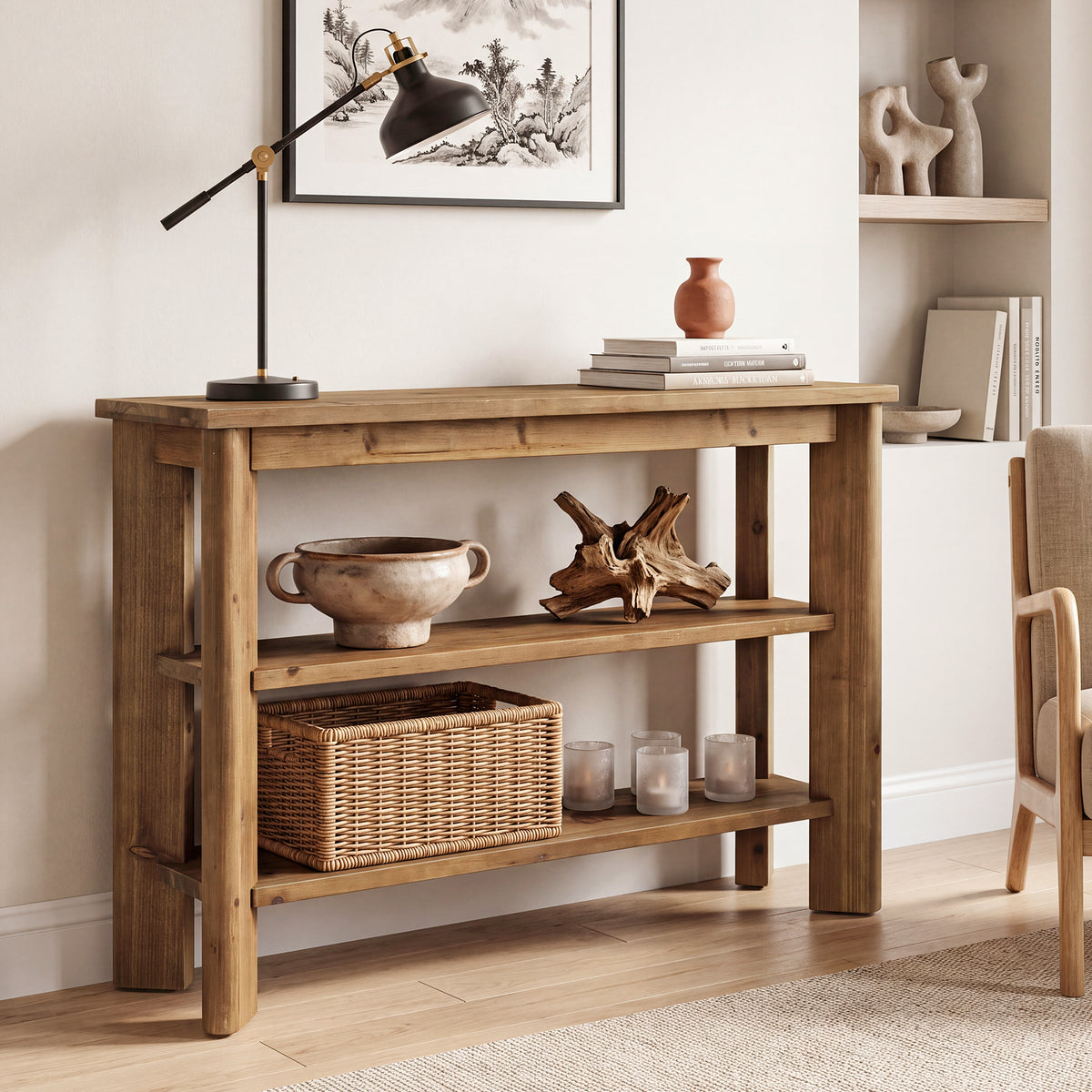 105 x 30 cm Tribesigns consoletafel van massief hout met 3 niveaus, smalle sidetable voor hal en woonkamer