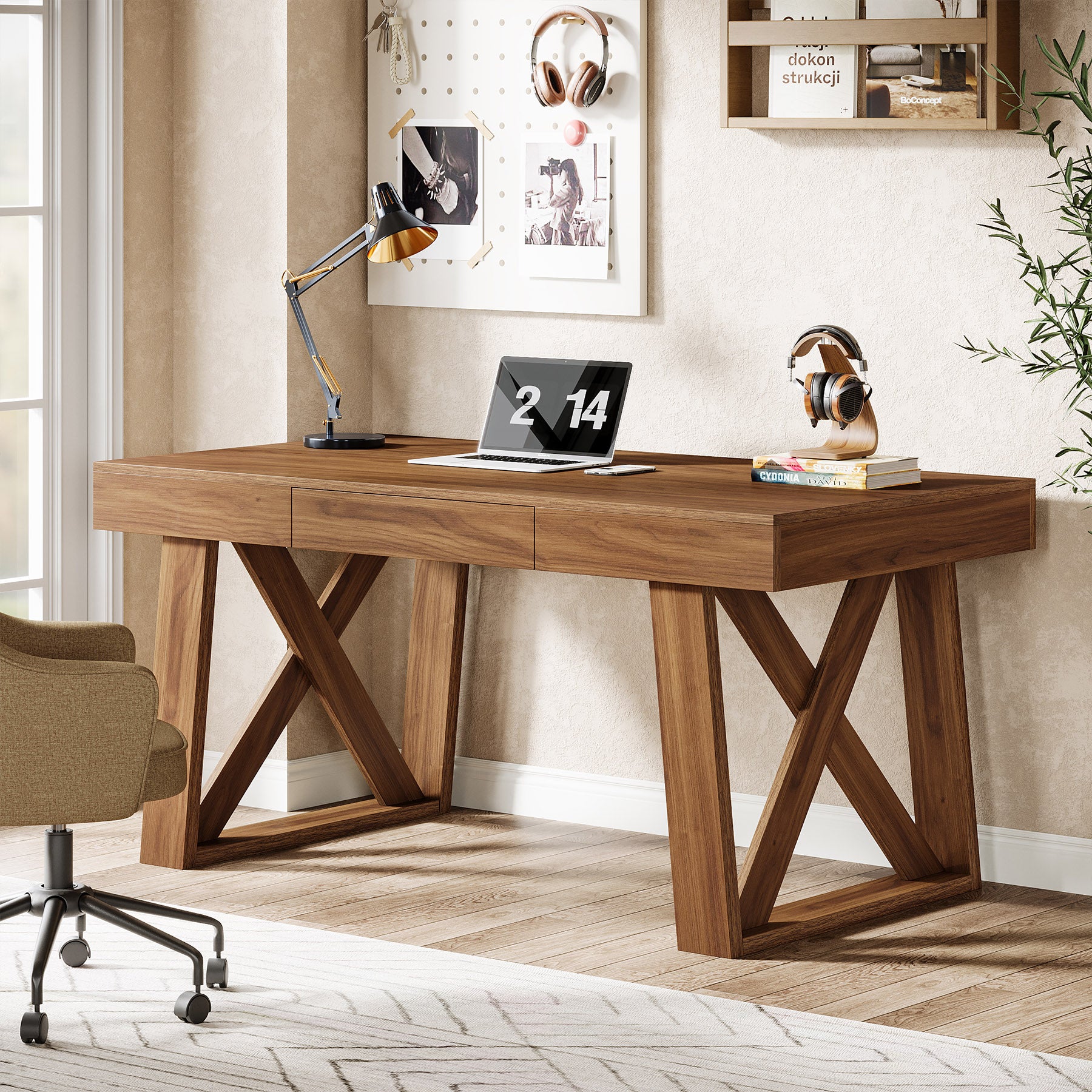 140 cm Bredere Bureau, Retro Houten Bureau met Laden voor Thuiswerk en Kantoor