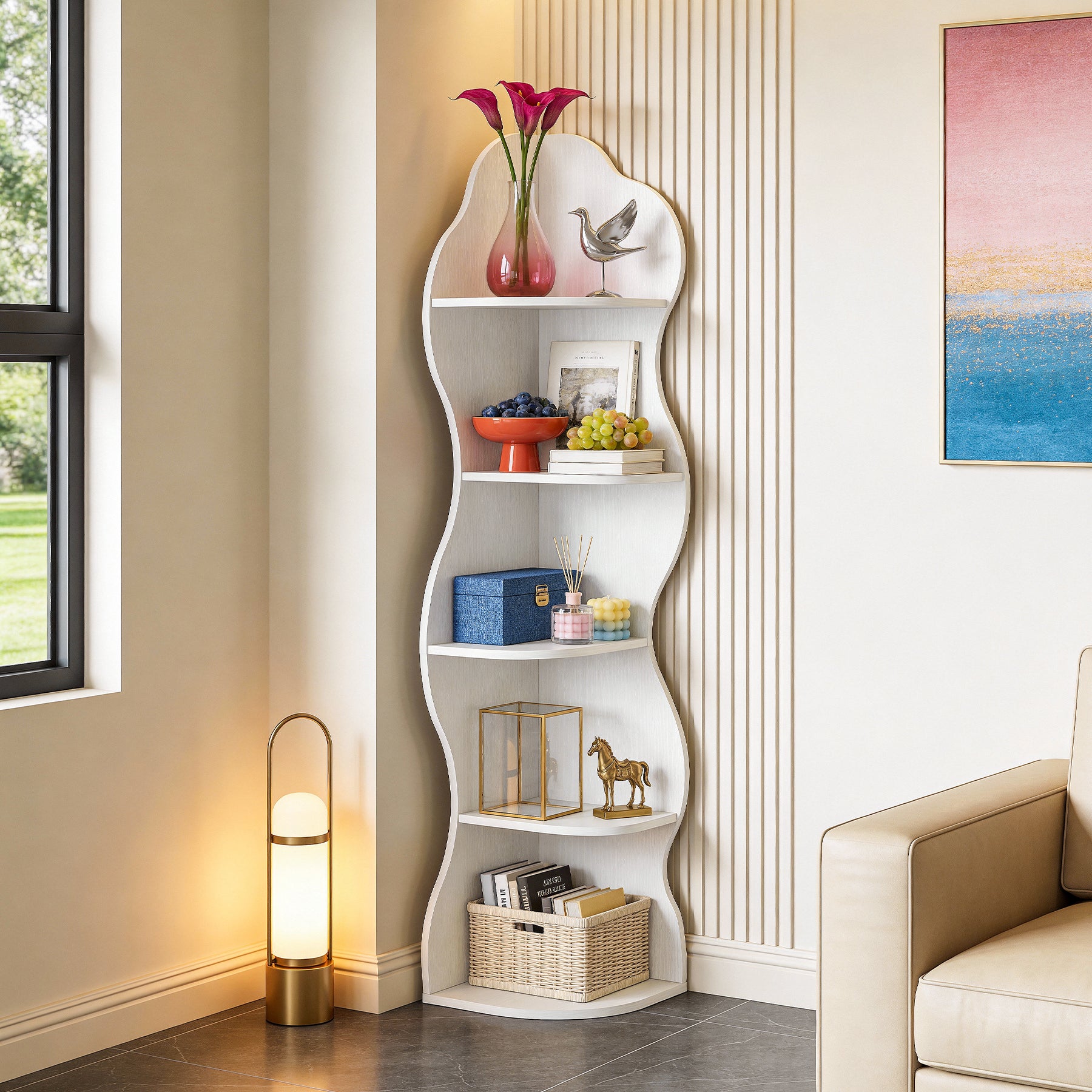 174 cm Hoekboekenkast met 5 Planken, Witte Hoekkast voor Woonkamer