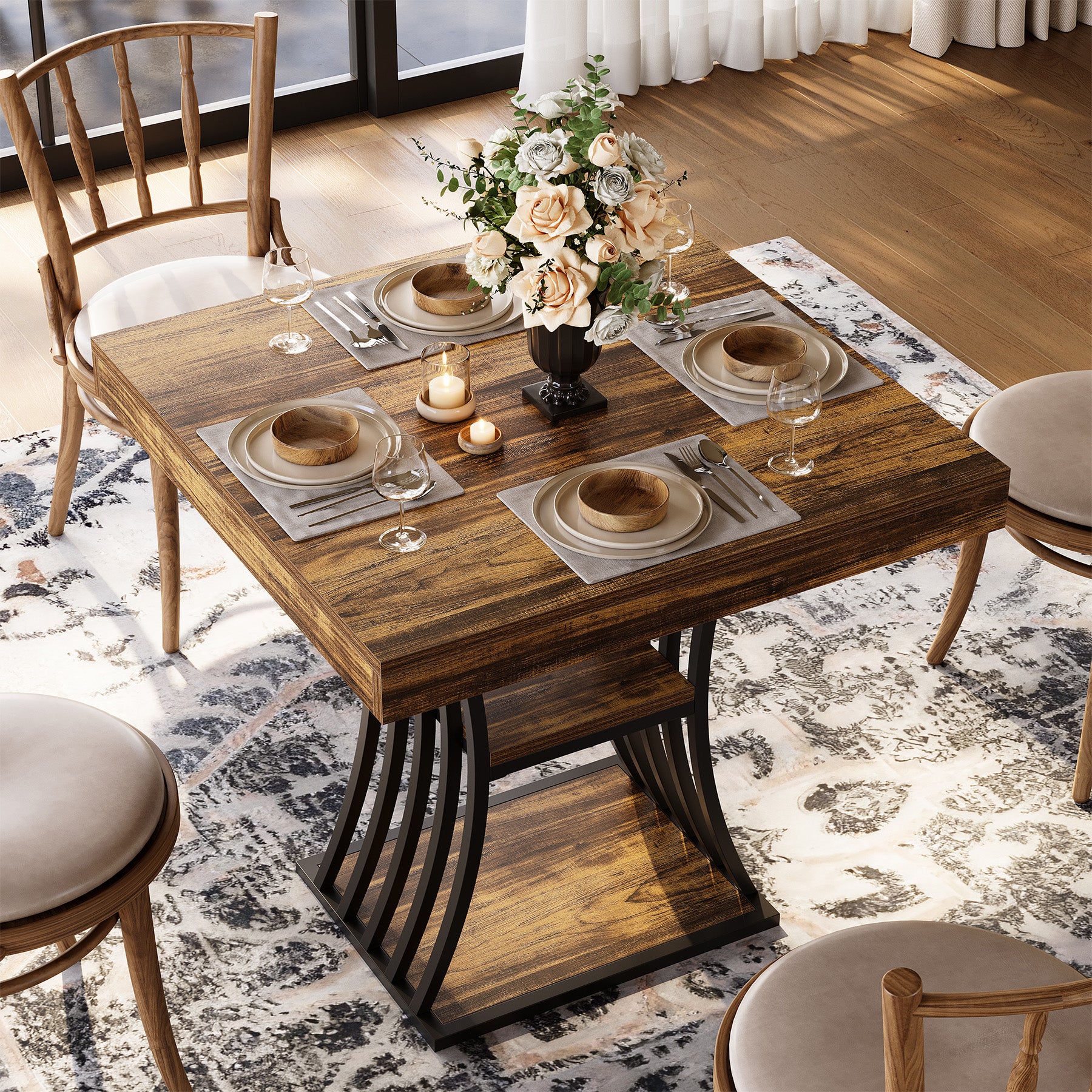 80 cm Industriële Eettafel voor 4 Personen met 2 Planken, Vierkante Keukentafel Bruin