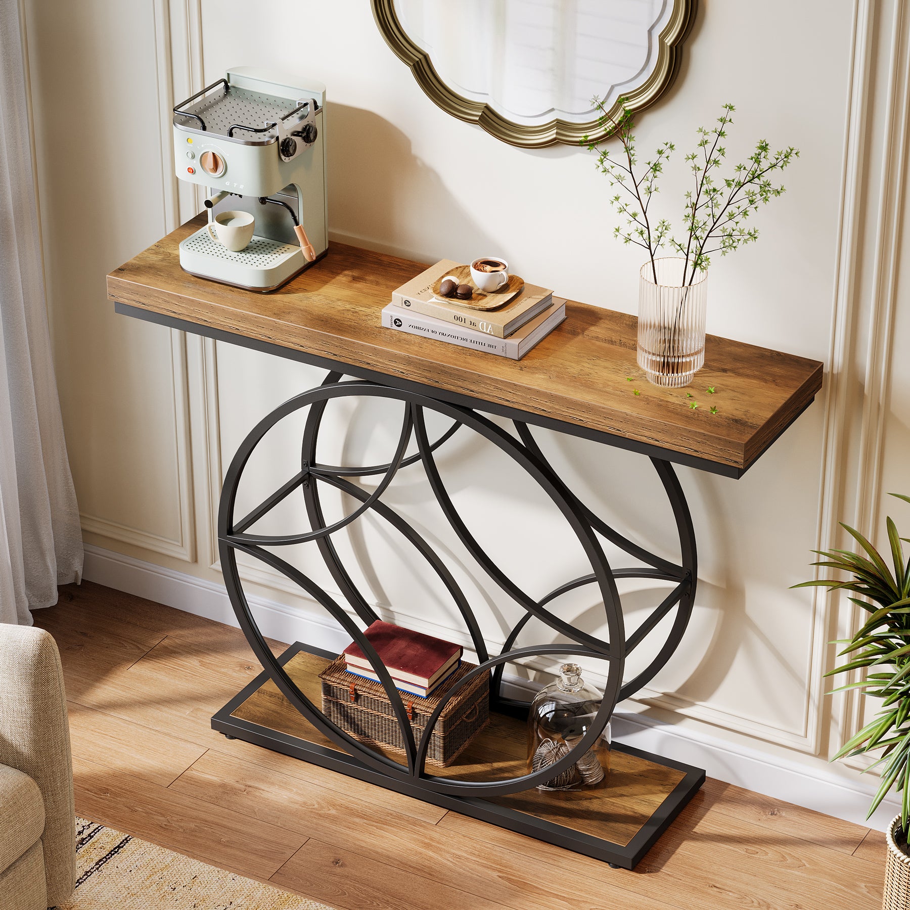 120 cm Industriële Consoletafel met 2 Niveaus Opslag, Smalle Haltafel Bruin