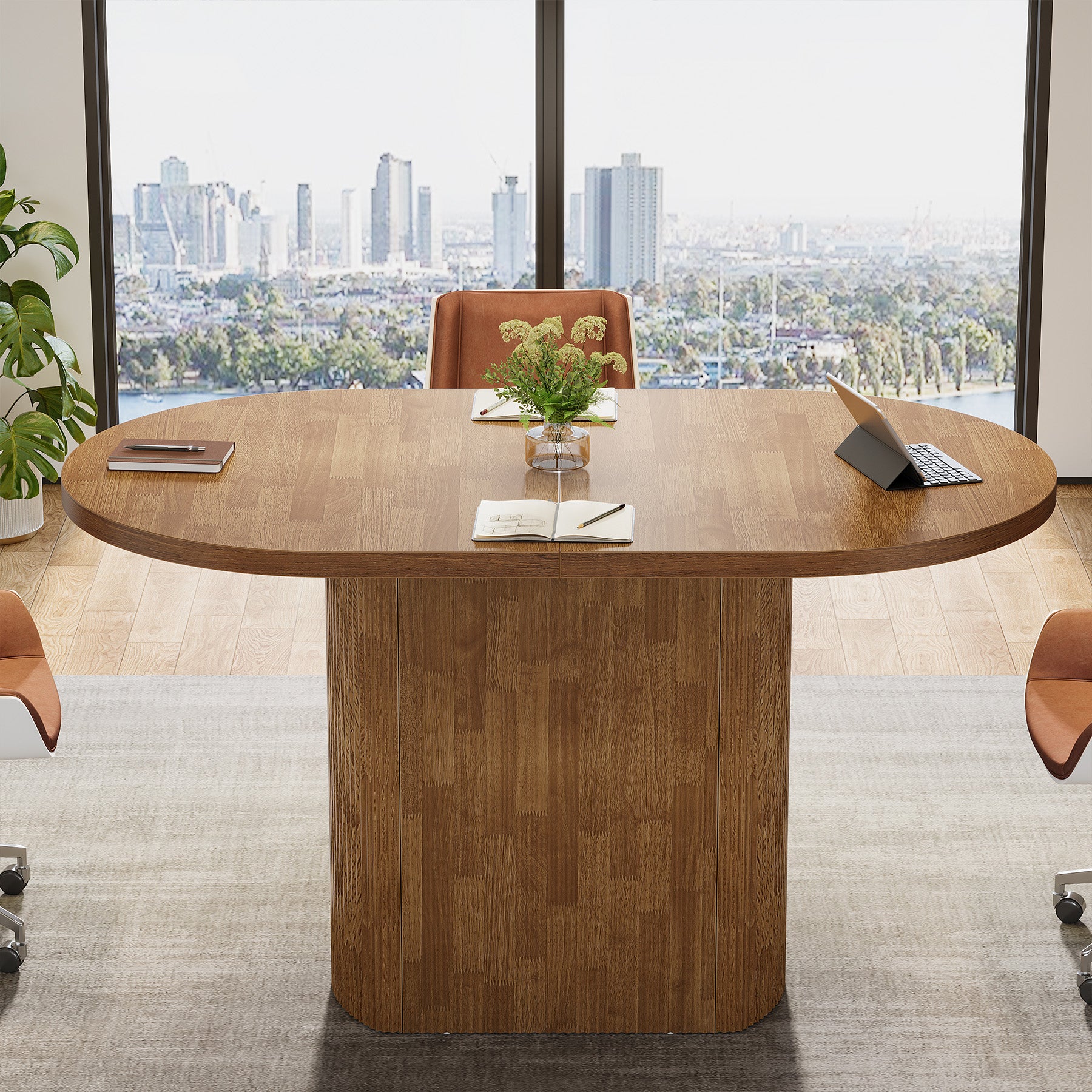 120 cm Ovale Vergadertafel voor 4 Personen, Rustieke Houten Conferentietafel met Polygonale Poot