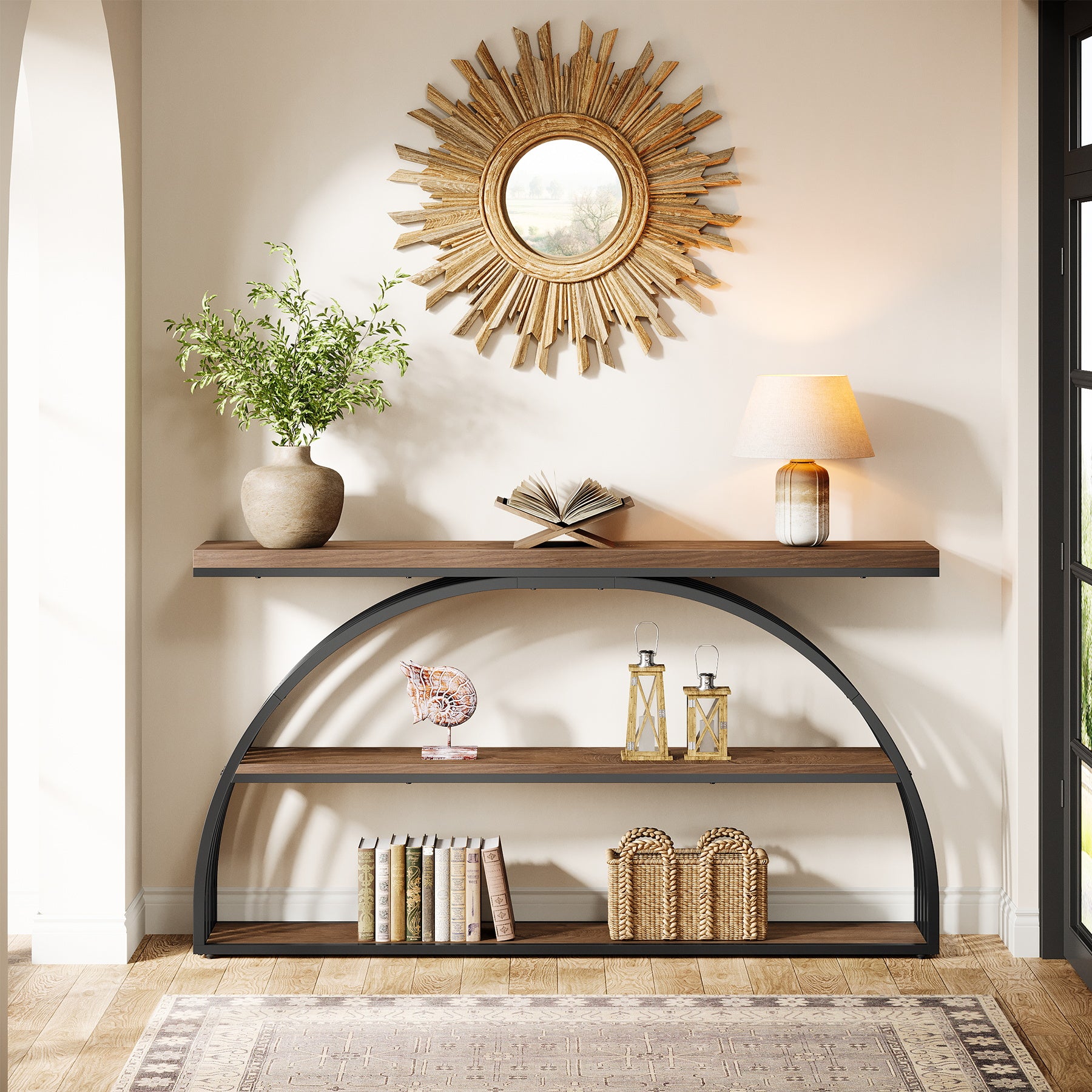 Consoletafel van 160 cm in Rustiek Bruin met Gebogen Frame, Industriële 3-Lagen Hal- en Banktafel voor Woonkamer en Entree