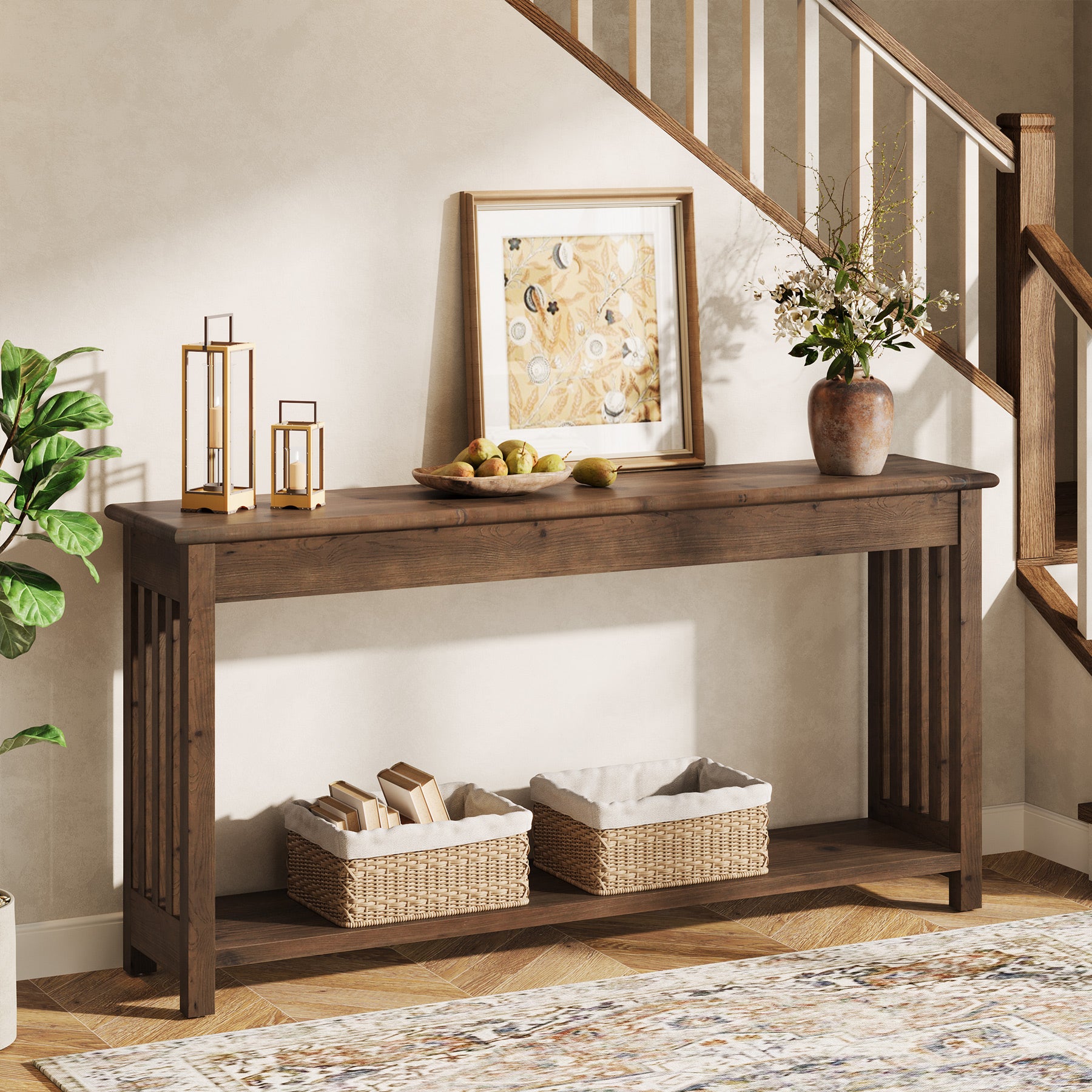 160 cm Houten Consoletafel met 2-Laags Opbergruimte, Lange Sofa Tafel voor Entree