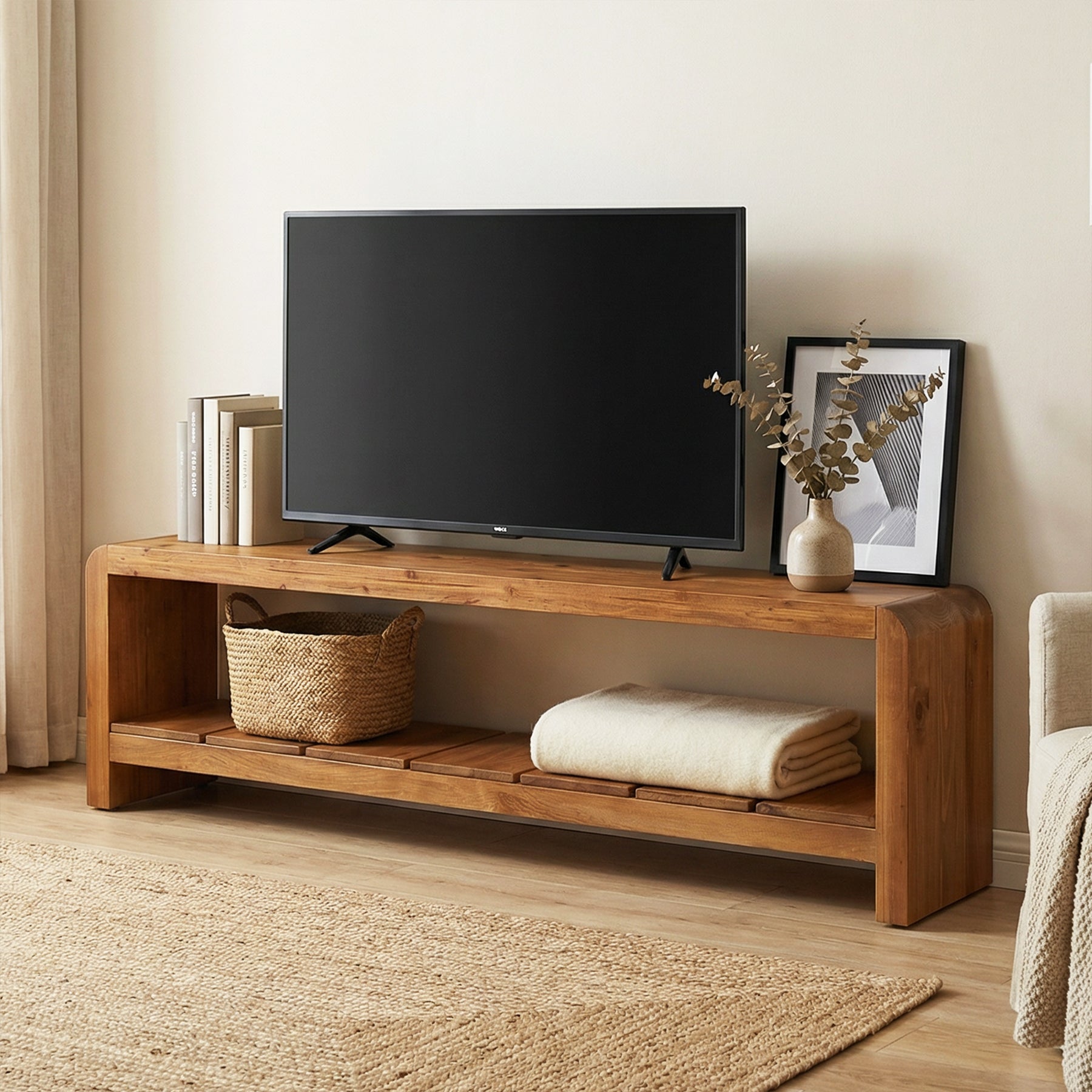 Tribesigns 150 cm TV-Meubel van Massief Hout voor TV's van 55–65 Inch, Landelijke TV-Kast met Open Opbergvak