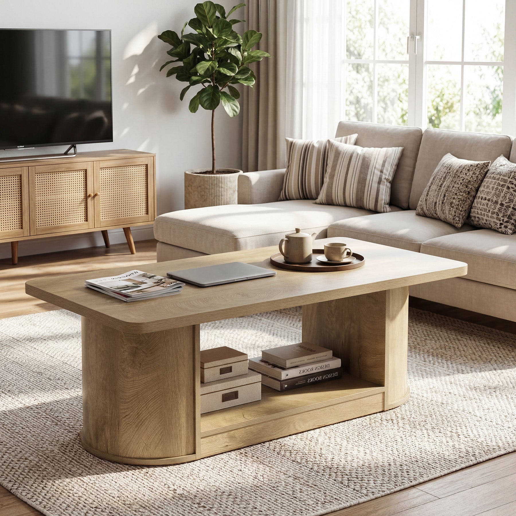 120 cm Salontafel, Moderne Tafel met 2 Niveaus en Opbergruimte voor Woonkamer Slaapkamer