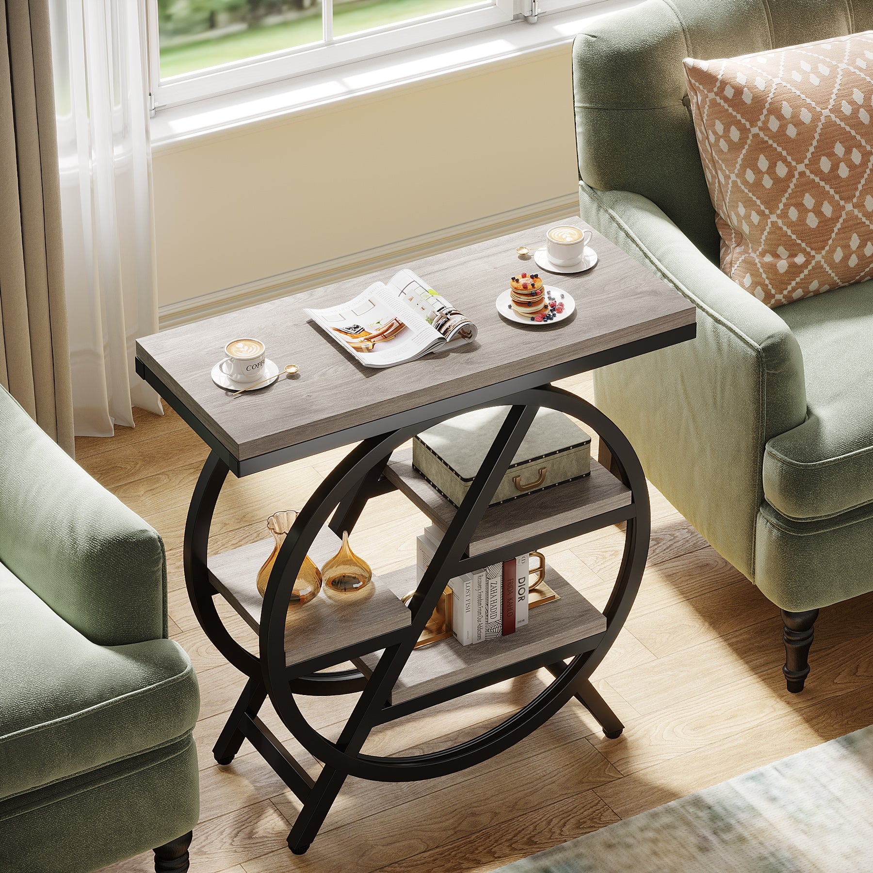 65 cm Drieplanken Bijzettafel, Industriële Houten Tafel met Geometrisch Frame voor Woonkamer