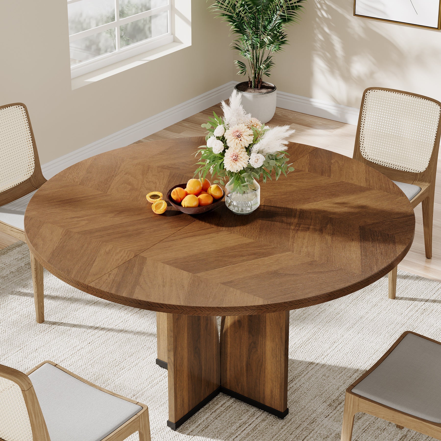 100 cm  Ronde Eettafel voor Vier Personen, Landelijke Keukentafel met X-Vormige Voet