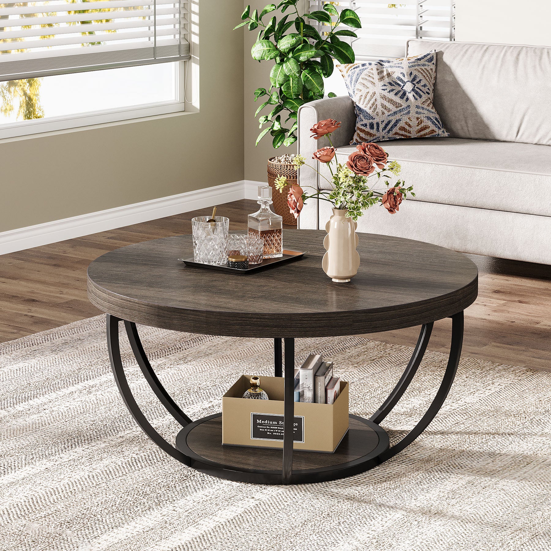 80,5 cm Ronde Industriële Salontafel, Tweelaags Middentafel in Rustiek Bruin en Zwart