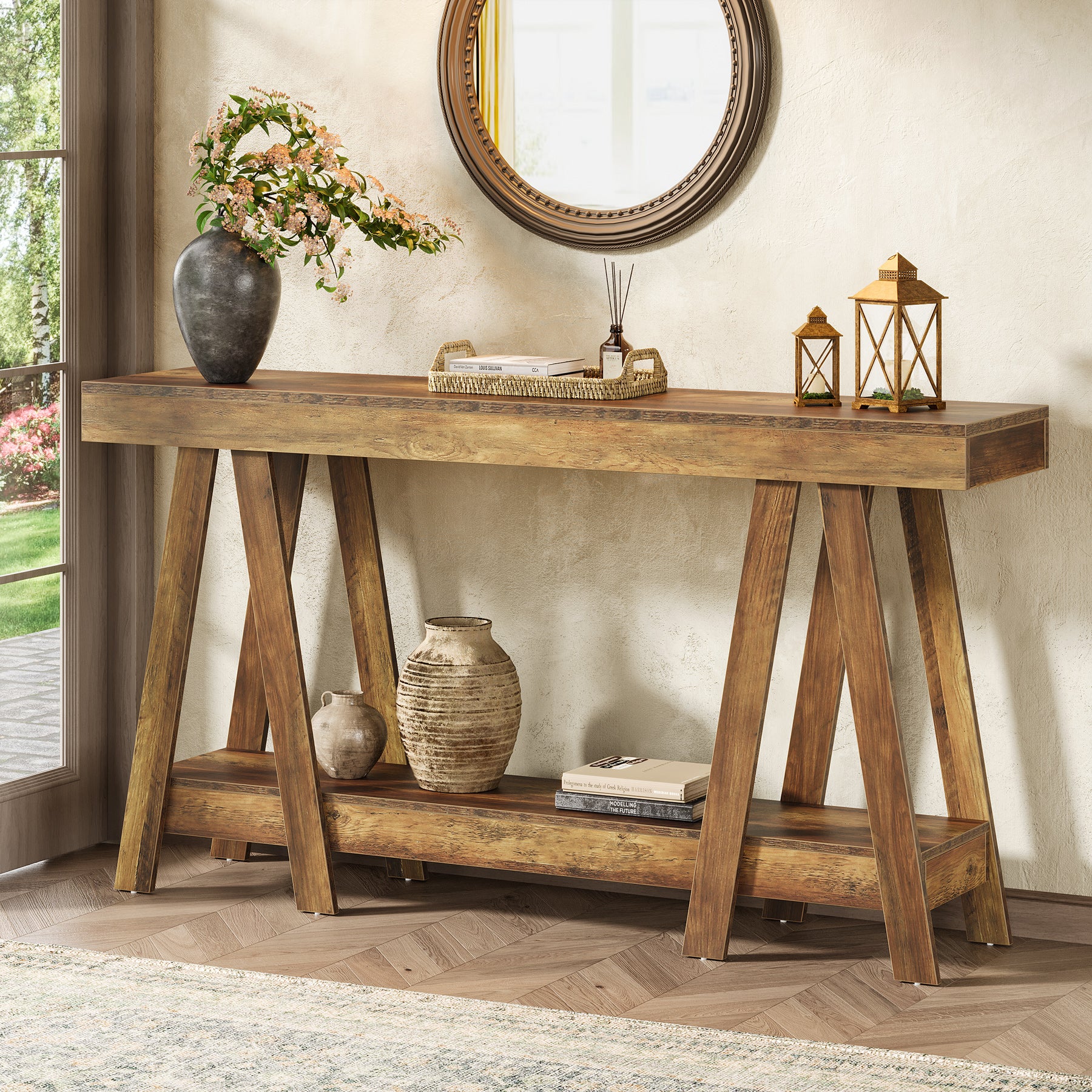 180 cm Landelijke Consoletafel met 2 Lagen, Accenttafel voor Hal en Achter Bank