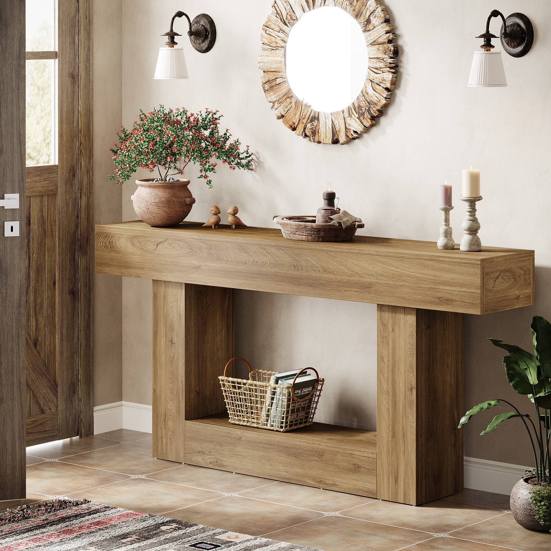 160 cm Boerenstijl Consoletafel, Tweelaagse Entreetafel met Opbergruimte in Rustiek Bruin
