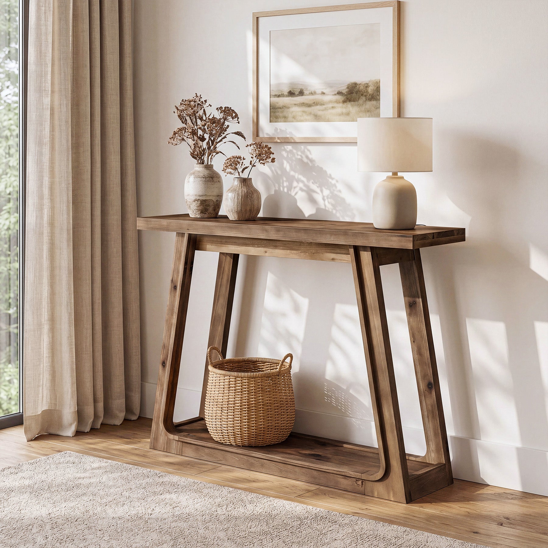 105 x 30 x 80 cm Tribesigns massief houten sidetable met trapeziumvormige basis, haltafel voor entree en woonkamer