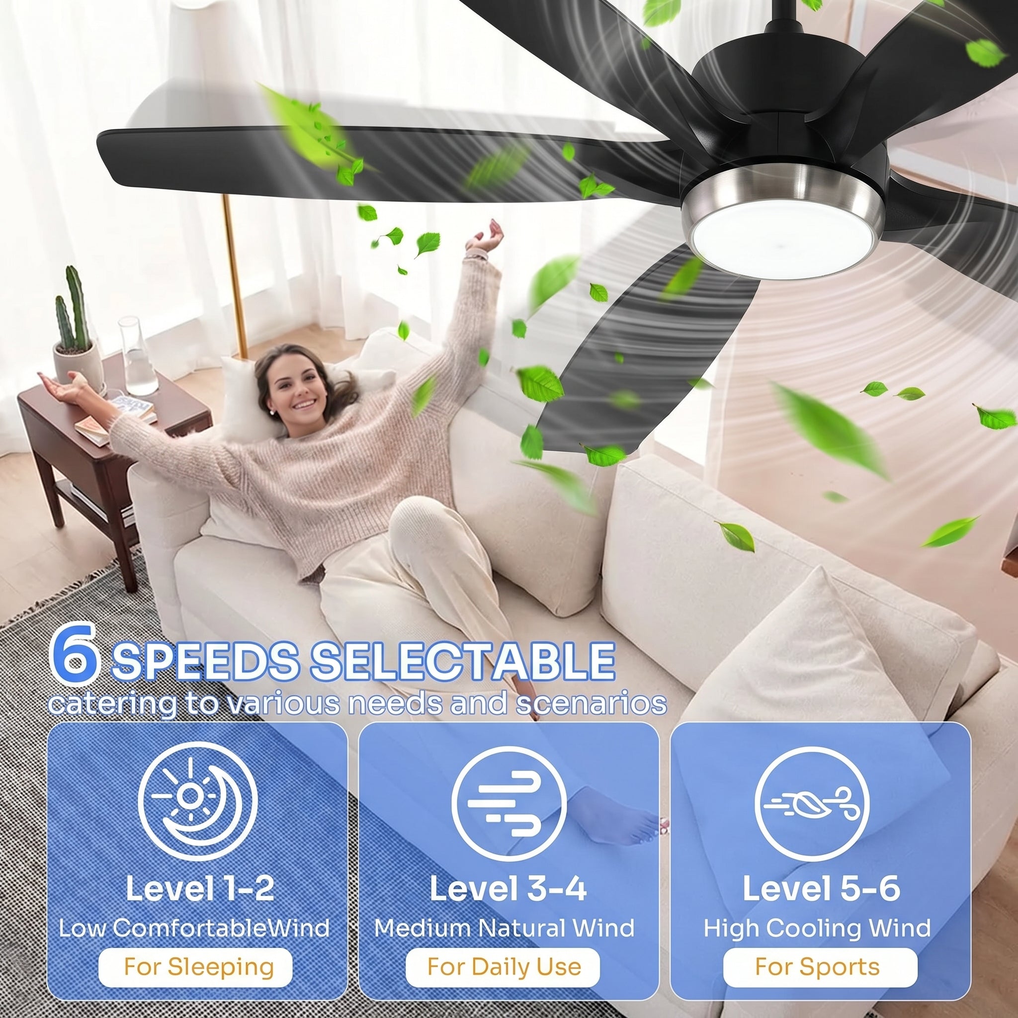 132 cm Tribesigns moderne plafondventilator met licht en afstandsbediening, 5-bladige ventilatorlamp met dimbare ledverlichting voor woonkamer terras en veranda [Energieklasse E]