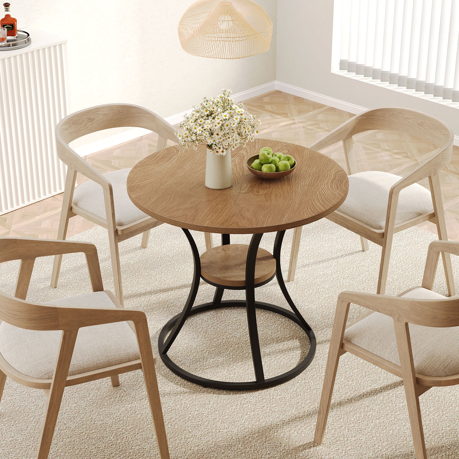 80 cm Ronde Eettafel met Metalen Voet en Opbergruimte, Kleine Keukentafel voor 2–4 Personen