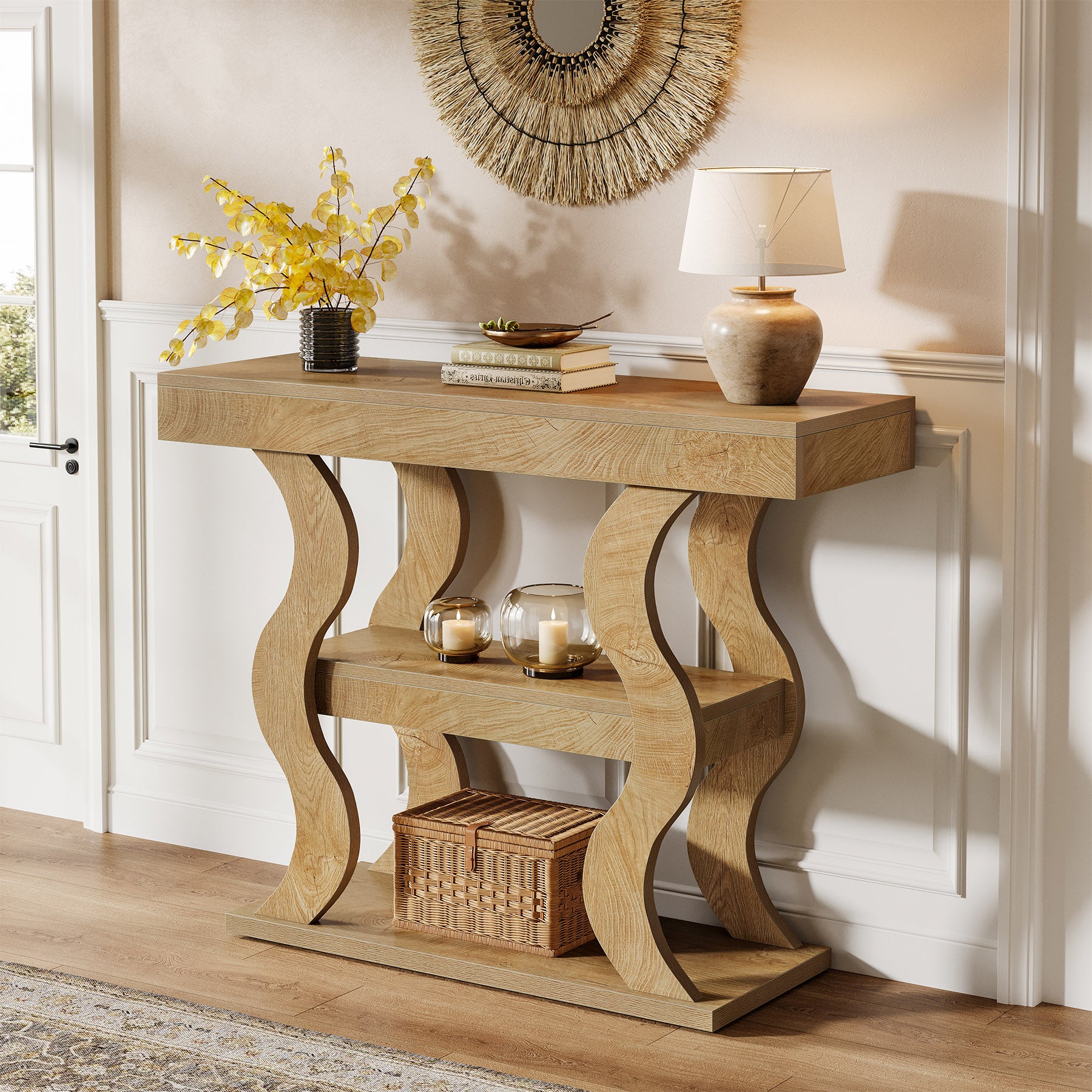 105 cm Smalle Consoletafel met 3 Planken, Houten Haltafel voor Entree