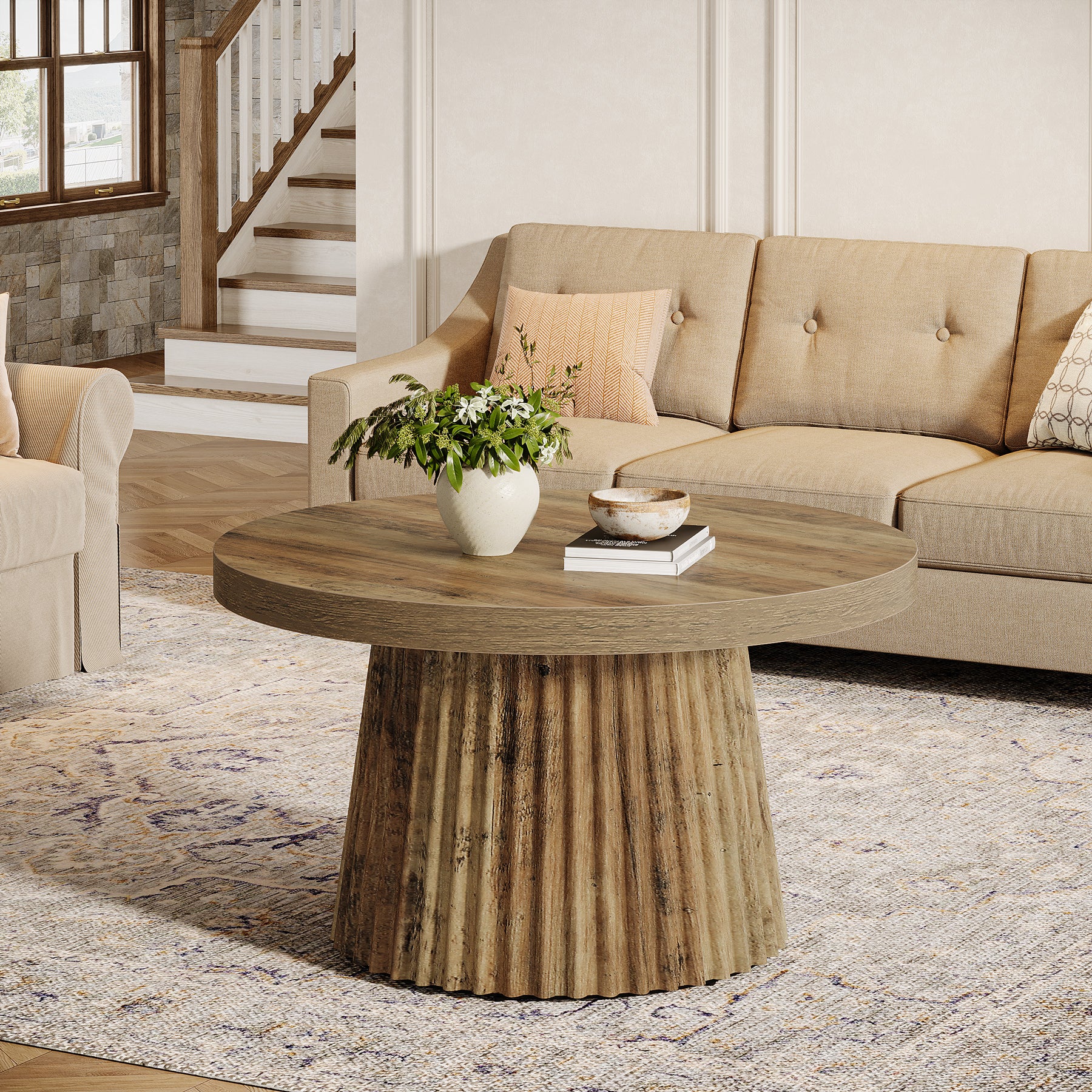 80 cm Ronde Landelijke Salontafel met Gegroefde Trommelvoet, Mid-Century Accent Tafel