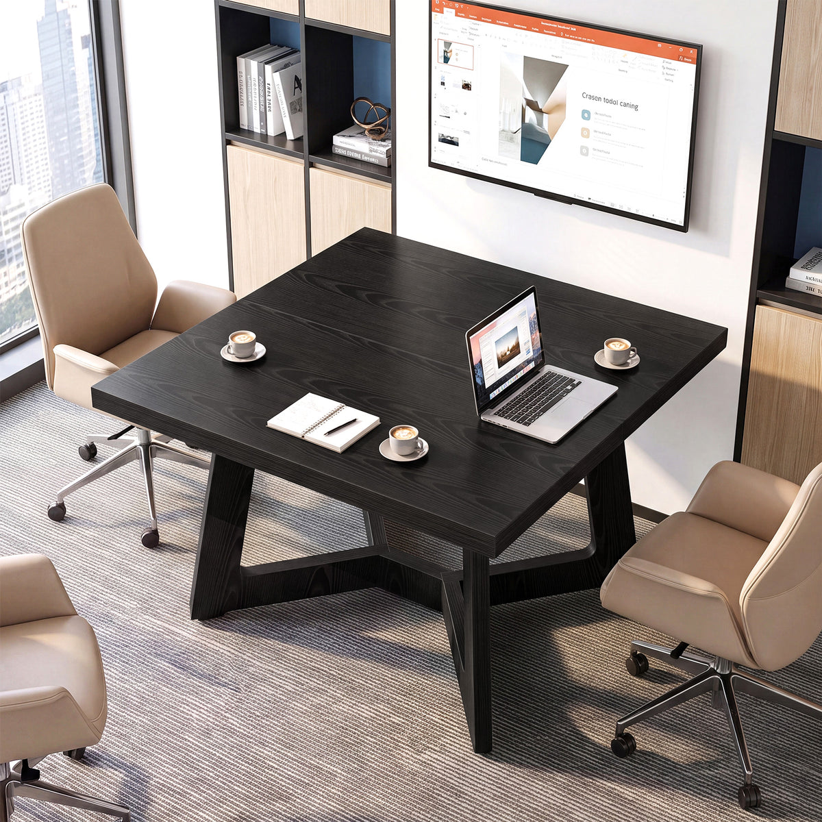 100 cm vierkante vergadertafel voor 2-4 personen met zwart design en stevige trapeziumpoten, kantoortafel voor kantoor