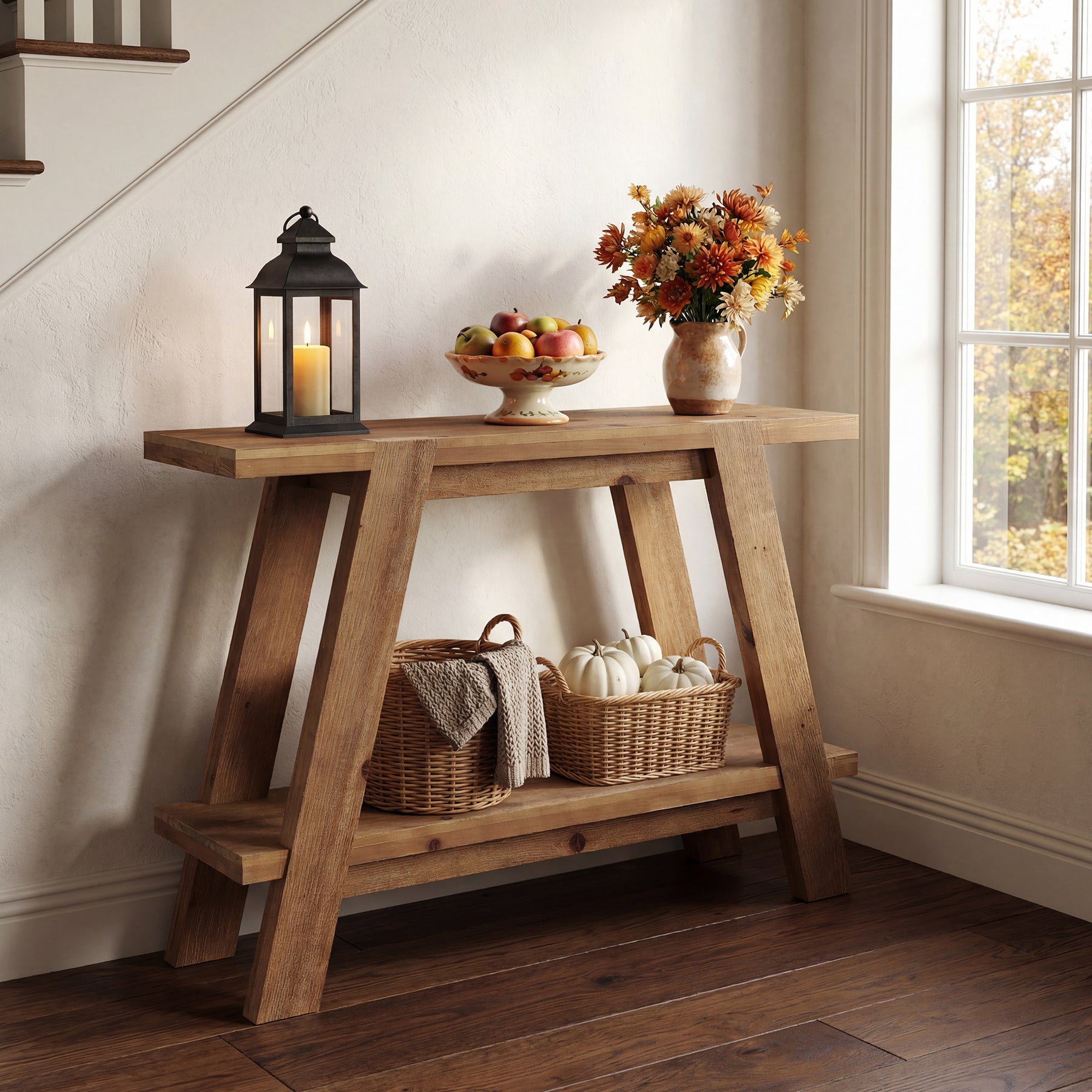 110 cm Massief Houten Consoletafel met 2 Planken, Smalle Haltafel in Landelijke Stijl Bruin
