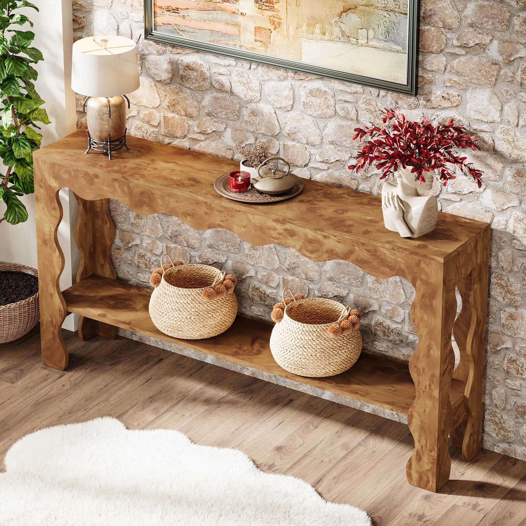 160 cm Moderne Landelijke Consoletafel met Golfrand, Smalle Haltafel met Opberdschap voor Woonkamer en Entree
