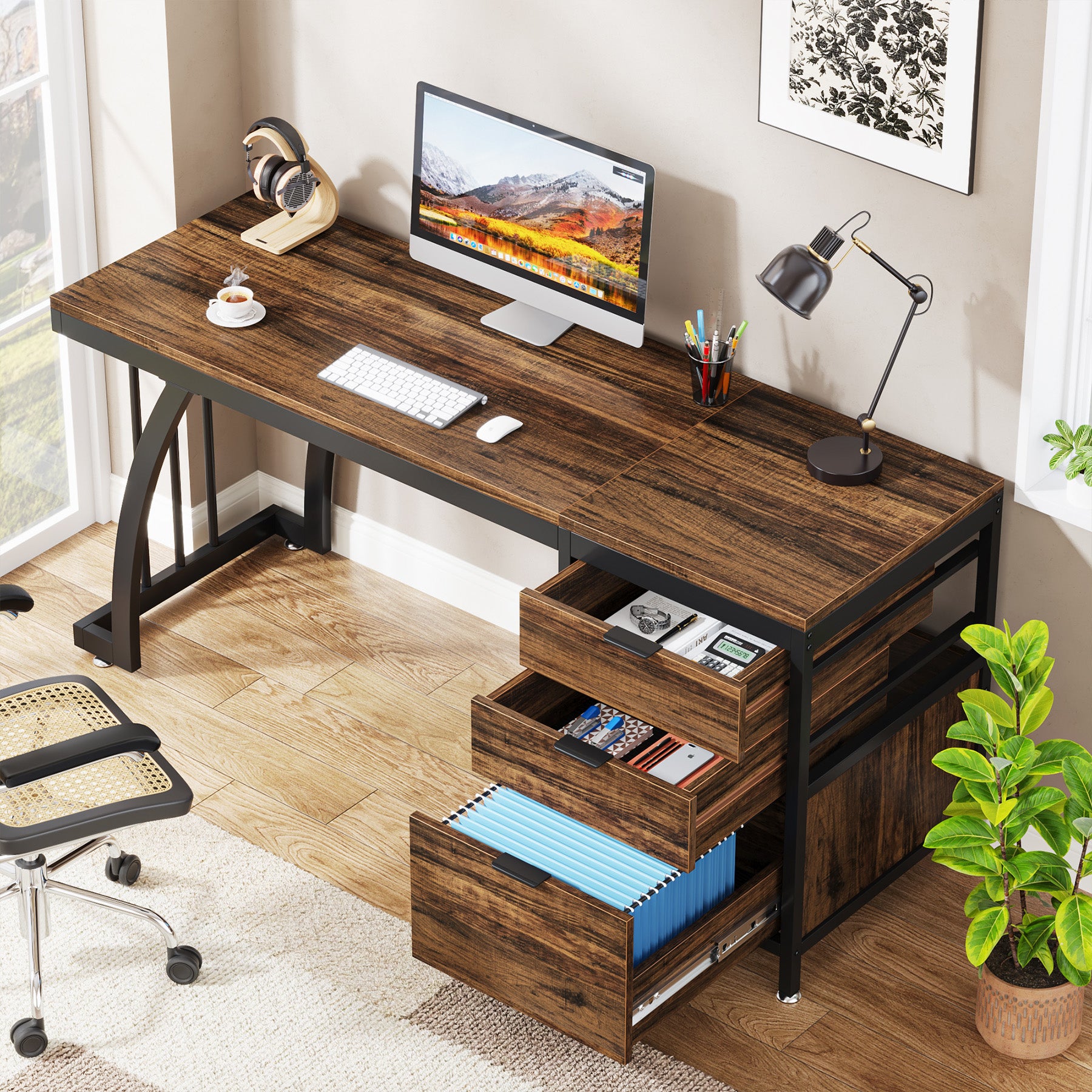 150 cm Computertafel, Industrieel Bureau Met 3 Ombouwbare Laden in Rustiek Bruin