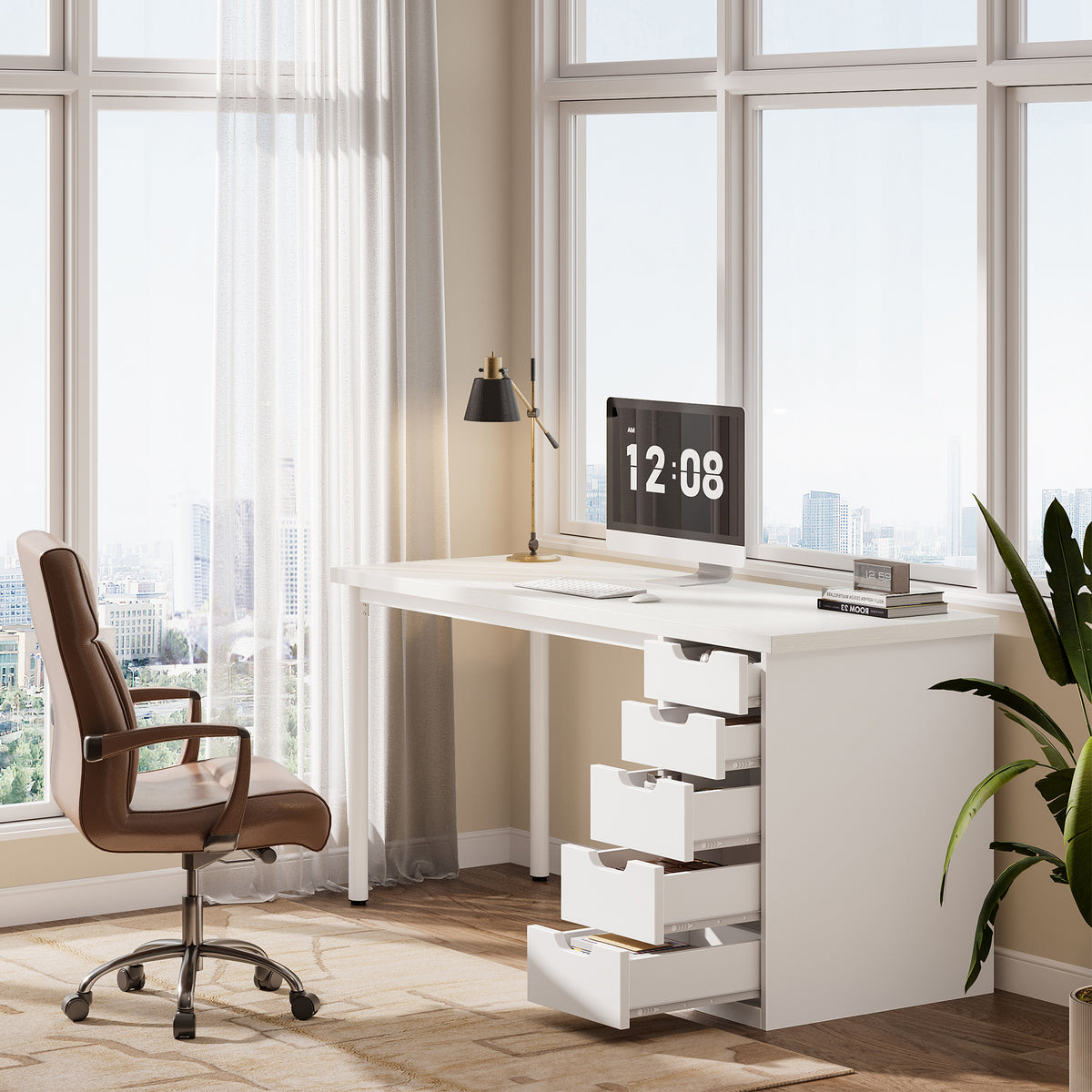 120 cm Tribesigns Bureau met 5 Lades, Compact Computerbureau met Opbergruimte voor Thuiswerkplek
