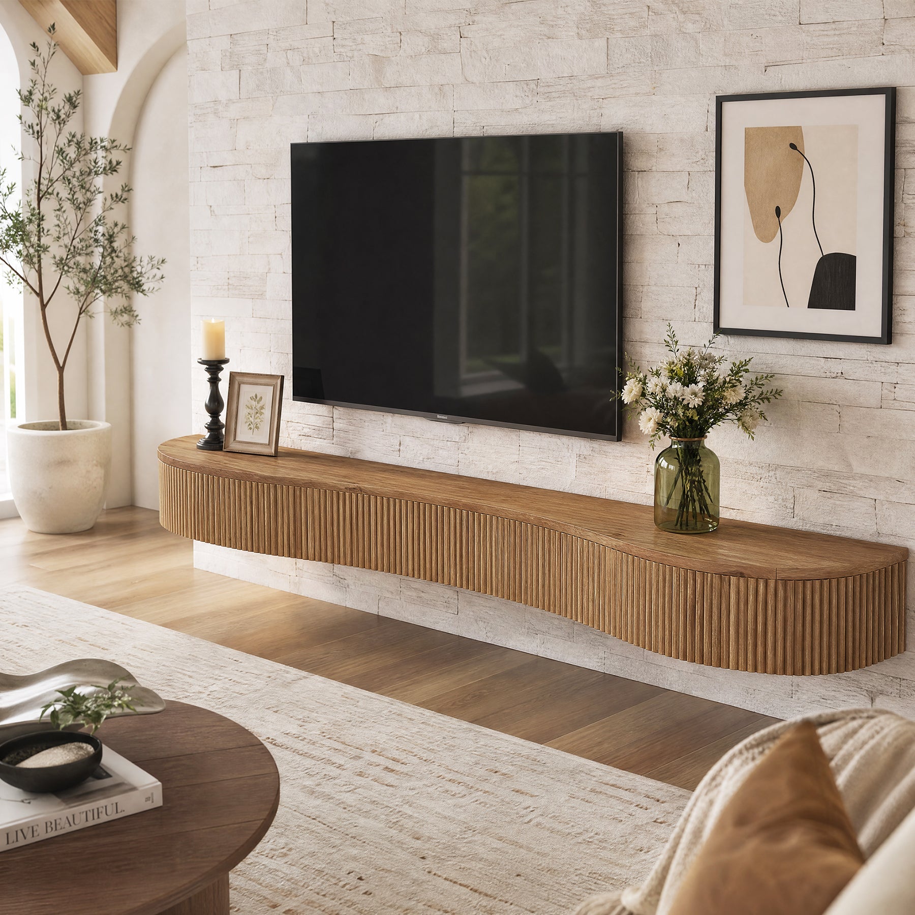 Tribesigns 180 cm Zwevende Wandplank van Massief Hout met Geribbeld Design, Schouwplank voor Woonkamer
