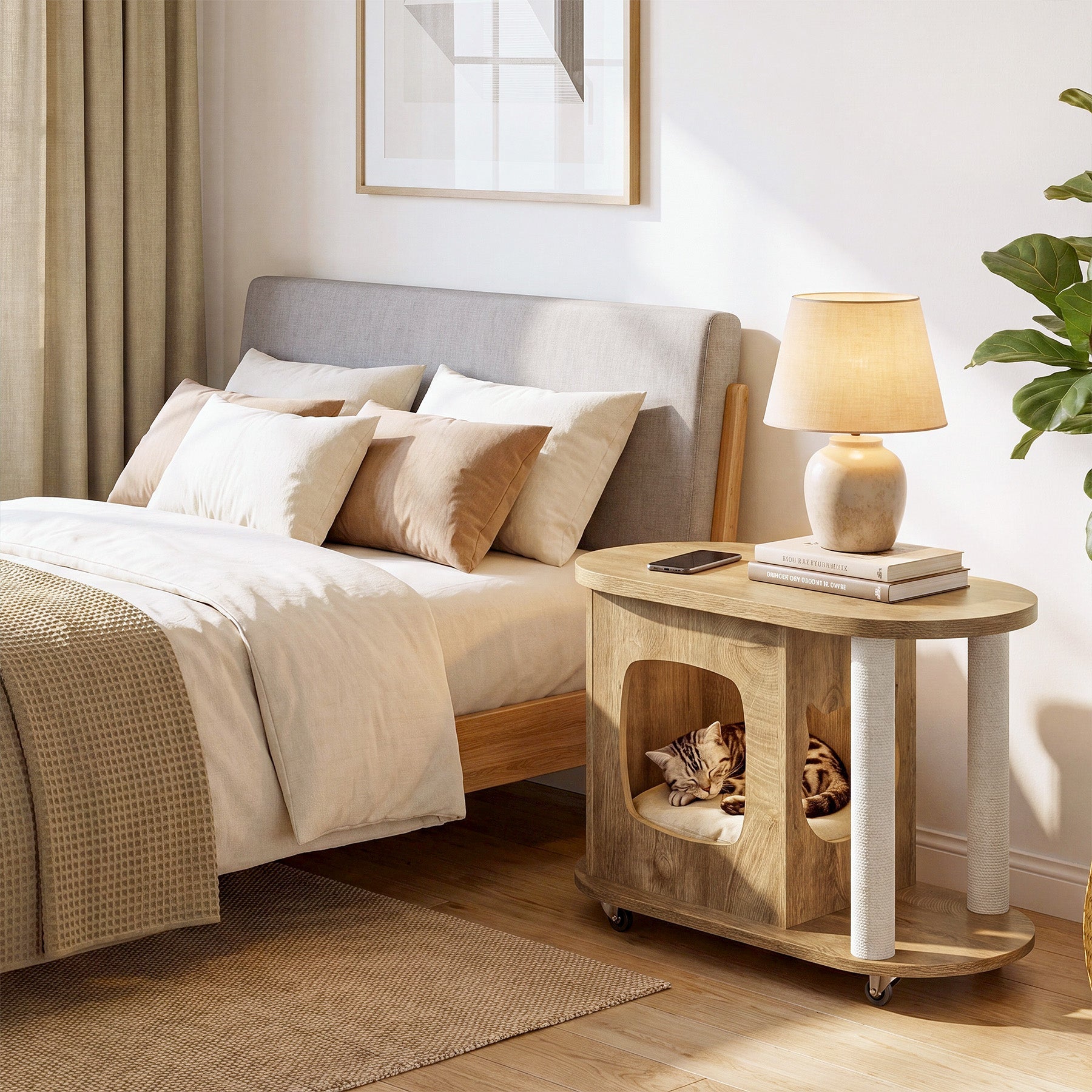 Tribesigns kattenhuis met krabpalen & bijzettafel, ovale salontafel op wielen met kattenhol