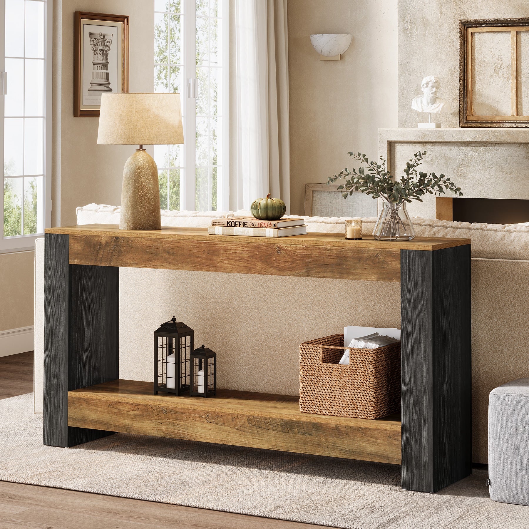160 cm Landelijke Consoletafel in Rustiek Bruin en Zwart, Houten Sofa- en Haltafel voor Woonkamer en Entree