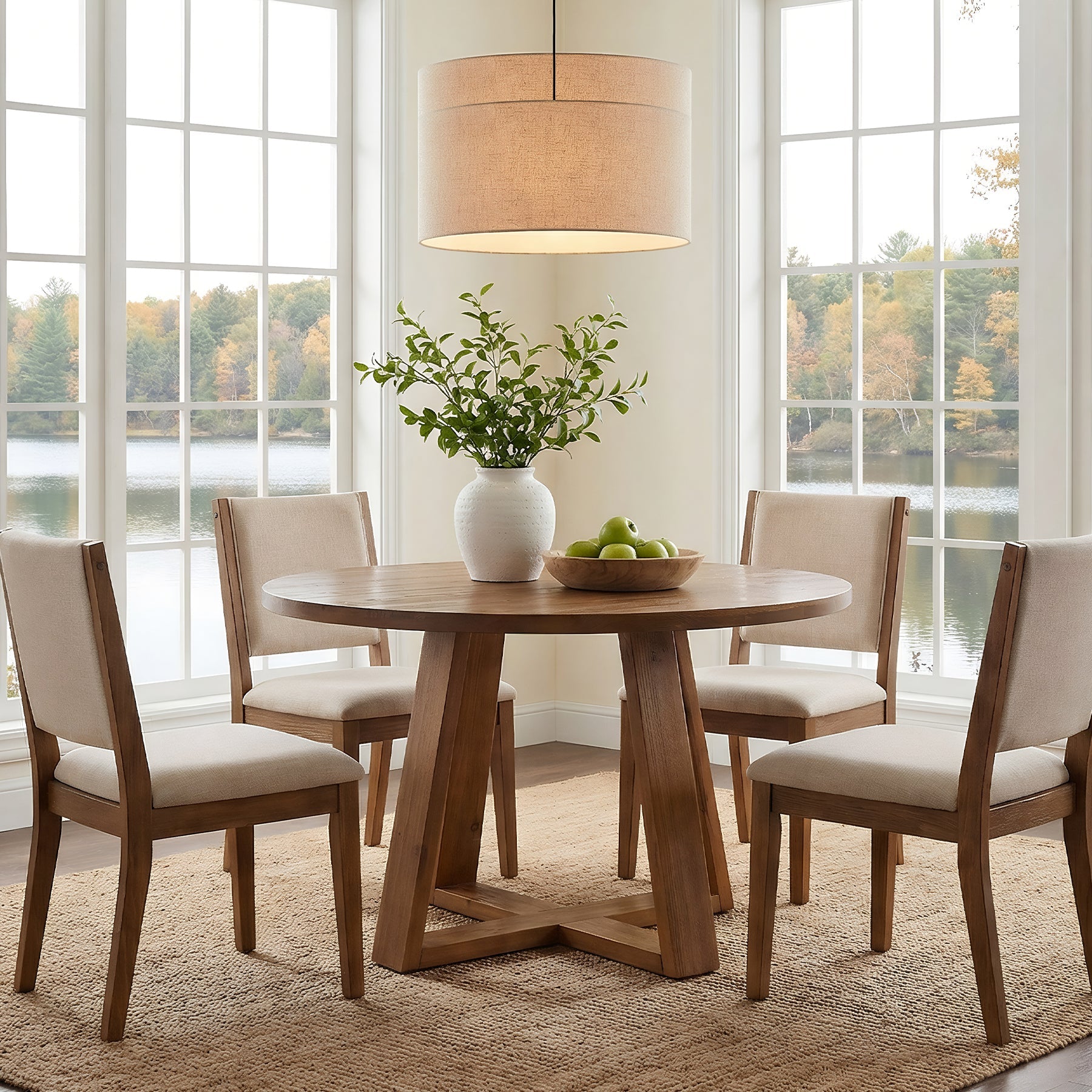 120 cm Ronde Eettafel, Landelijke Massief Houten Keukentafel met Schragenonderstel voor 4 Personen