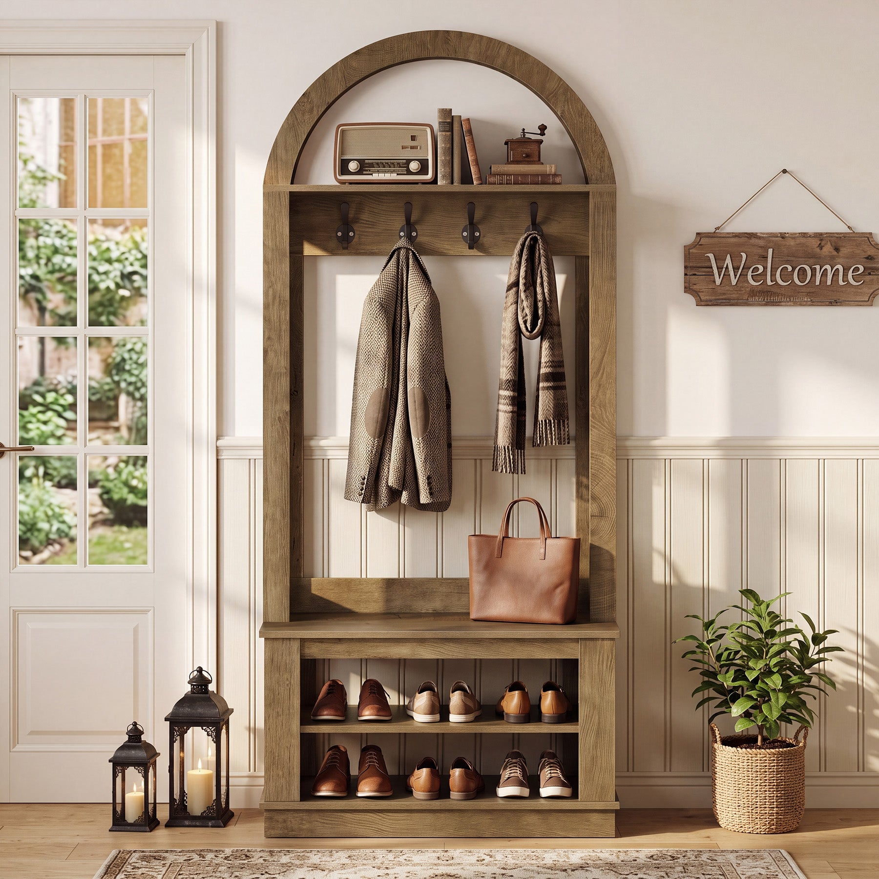 Tribesigns halgarderobe met zitbank en schoenenrek, 5-in-1 kapstok met 12 haken, wandplank en schoenenrek