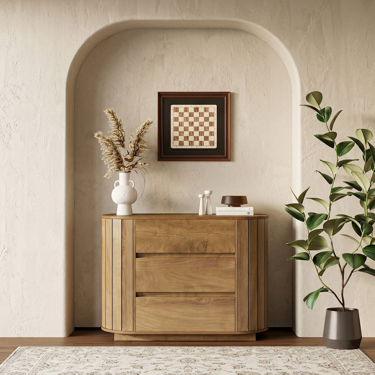 Tribesigns 90 cm groot nachtkastje met 3 lades en lattenontwerp, modern eiken zijtafel voor slaapkamer