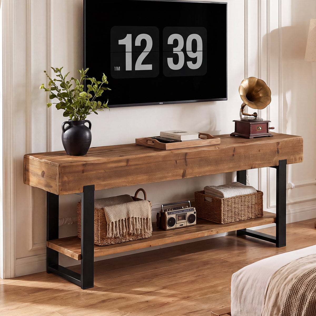 Tribesigns 160 cm tv-meubel van massief hout met 2-laags opbergrek en metalen frame, landelijke tv-kast voor woonkamer