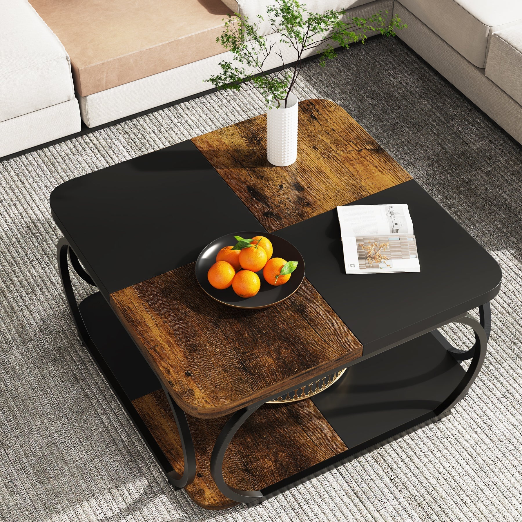 100 cm Vierkante Salontafel met Dubbele Planken, Landelijke Tafel met Metal Frame